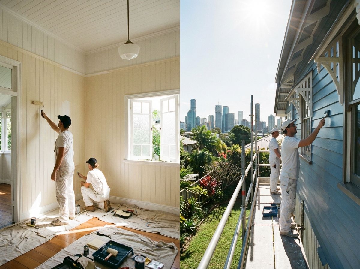 Two painters in white uniforms paint the interior of a room, while two others paint the blue exterior of a house outside.