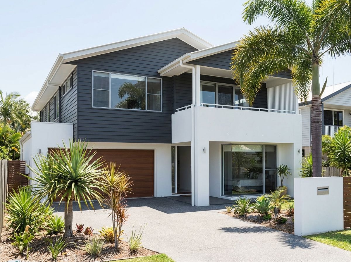 A modern two-story suburban house with dark grey horizontal siding, white walls, a wood garage door, and a palm tree.