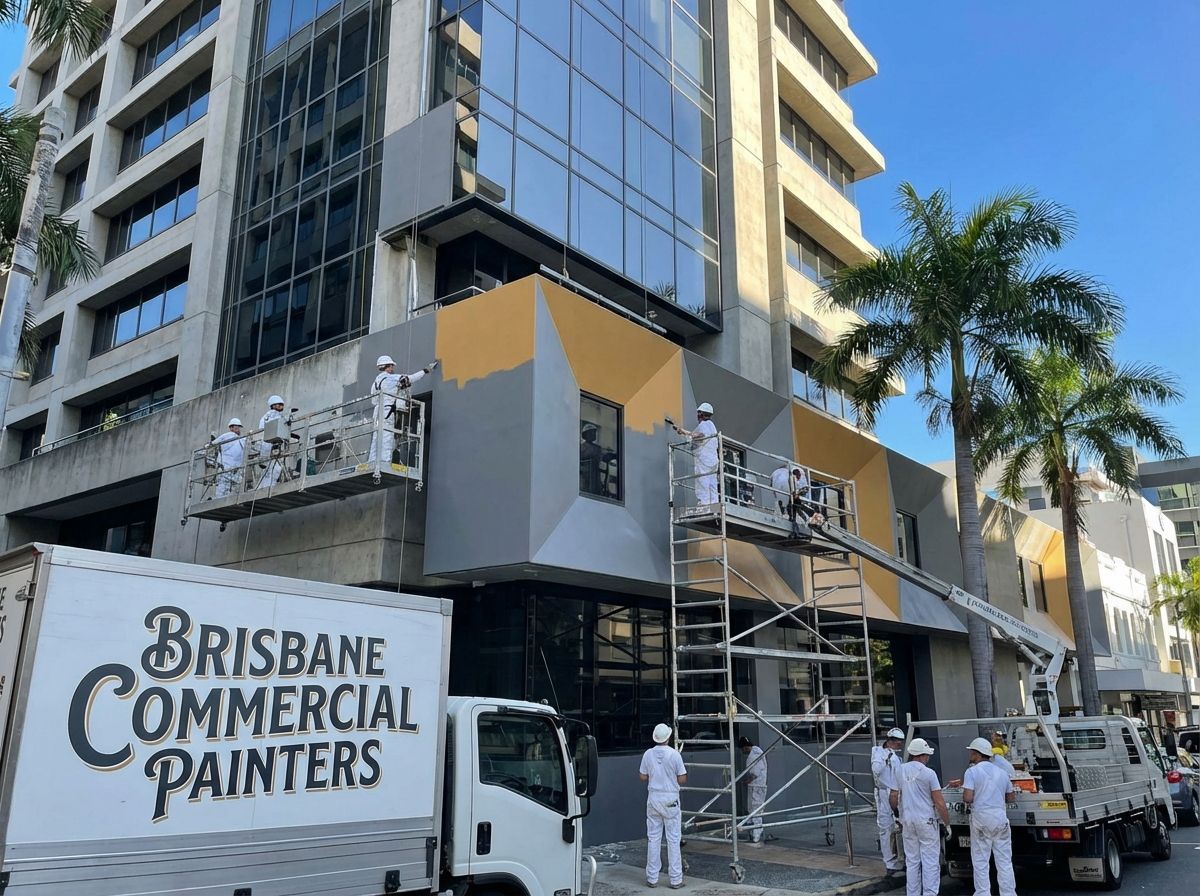 Workers in white uniforms paint a building exterior in grey, assisted by aerial work platforms and a truck.