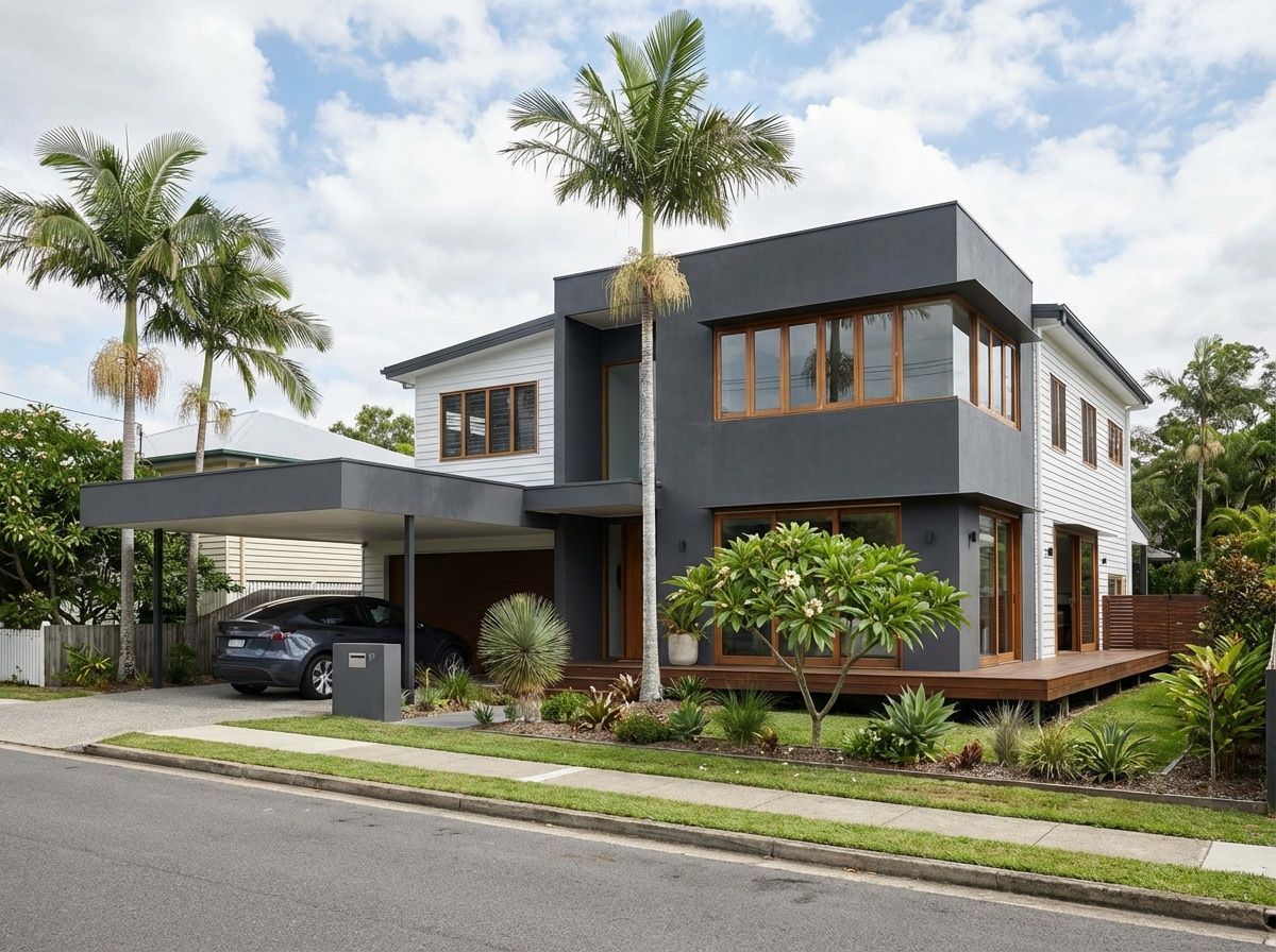 A modern two-story home with a dark grey exterior, wood accents, a covered carport, and palm trees in the front yard.