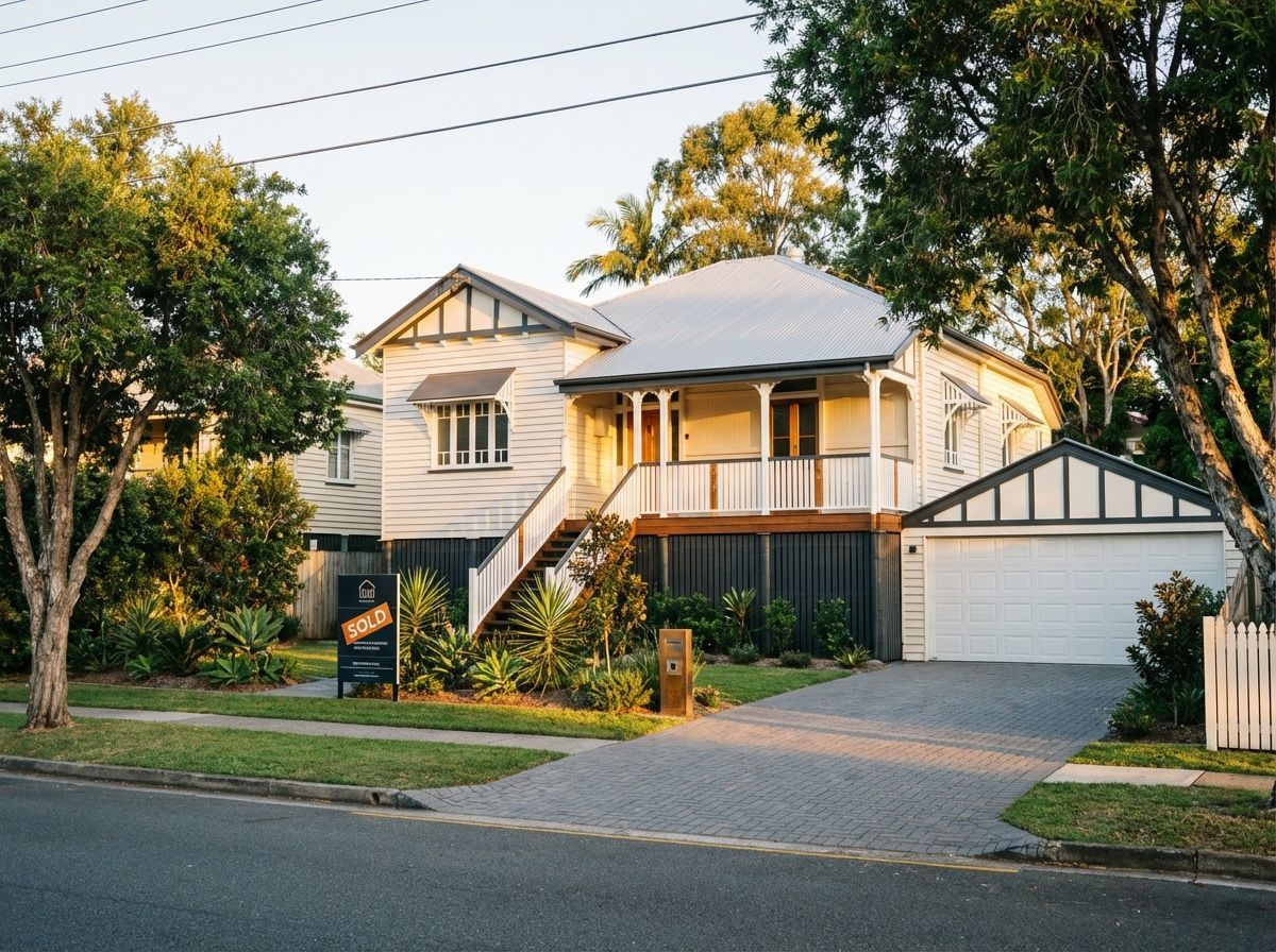 Two-story, light-colored house with a porch, garage, and driveway in mount gravatt east. Trees and a