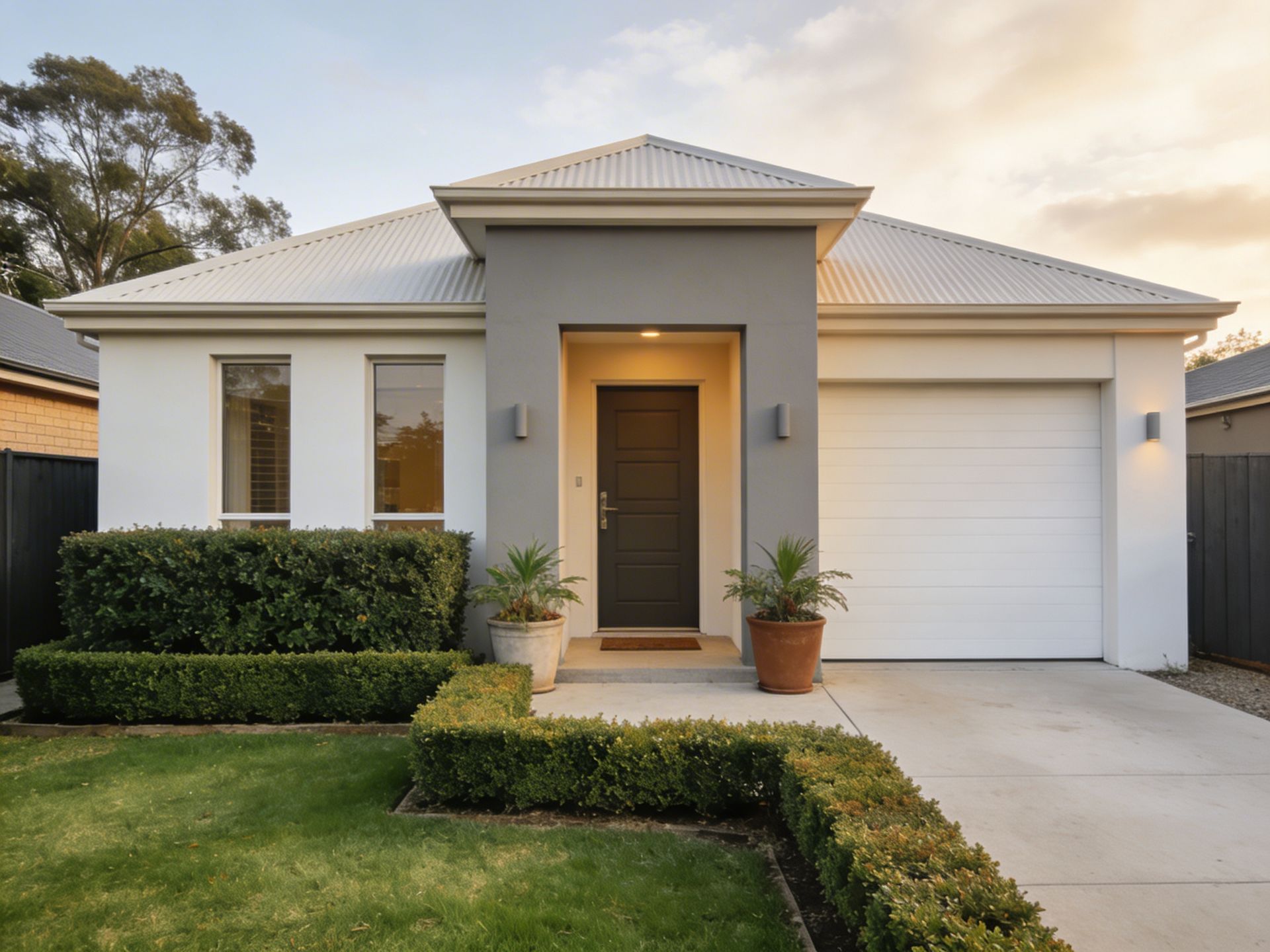 Modern white house with gray accents, green lawn, and neatly trimmed hedges.