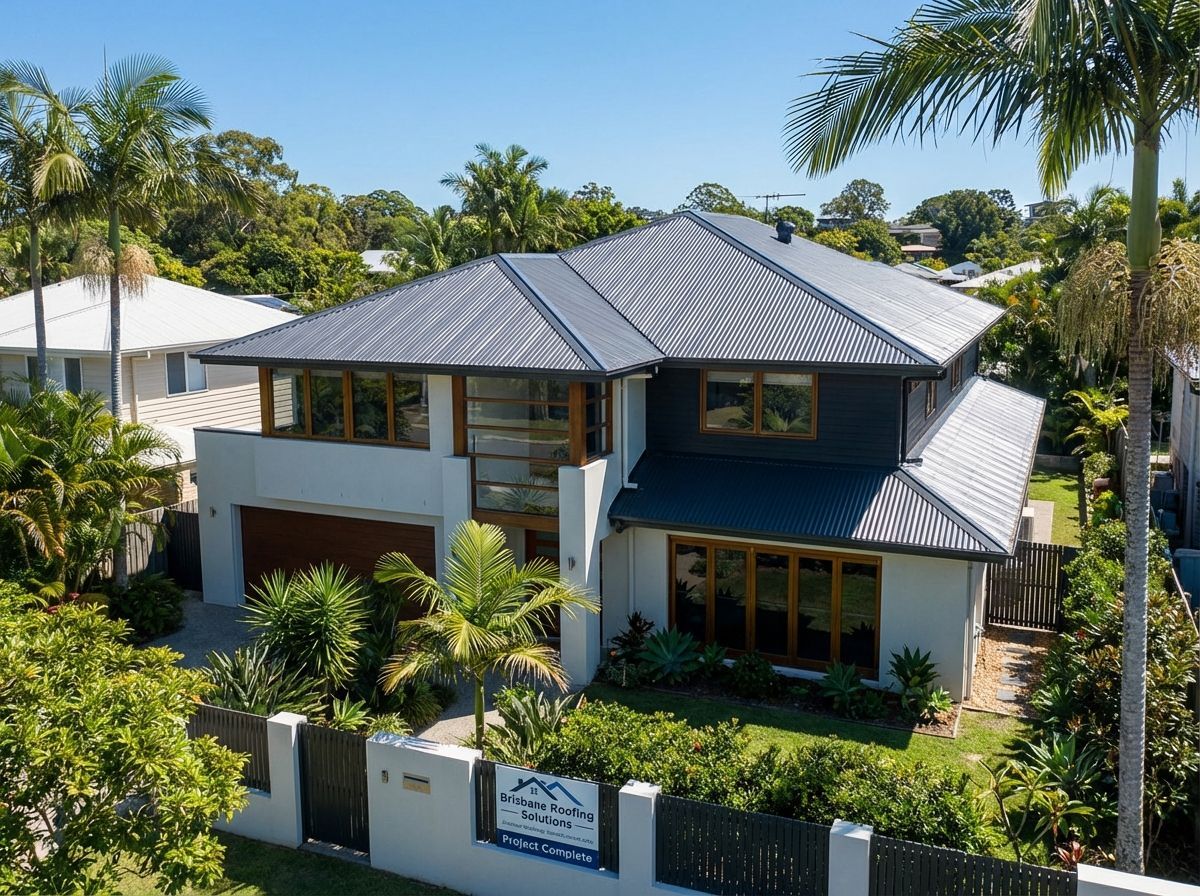 A two-story house with dark painted roof, white walls, and wood-framed windows, surrounded by trees and a fenced yard.