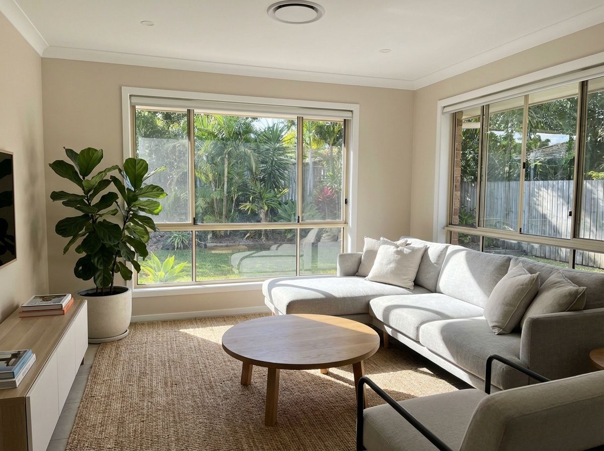 A bright, minimalist living room with a light gray sectional, round wooden coffee table, and a large fiddle-leaf fig plant.