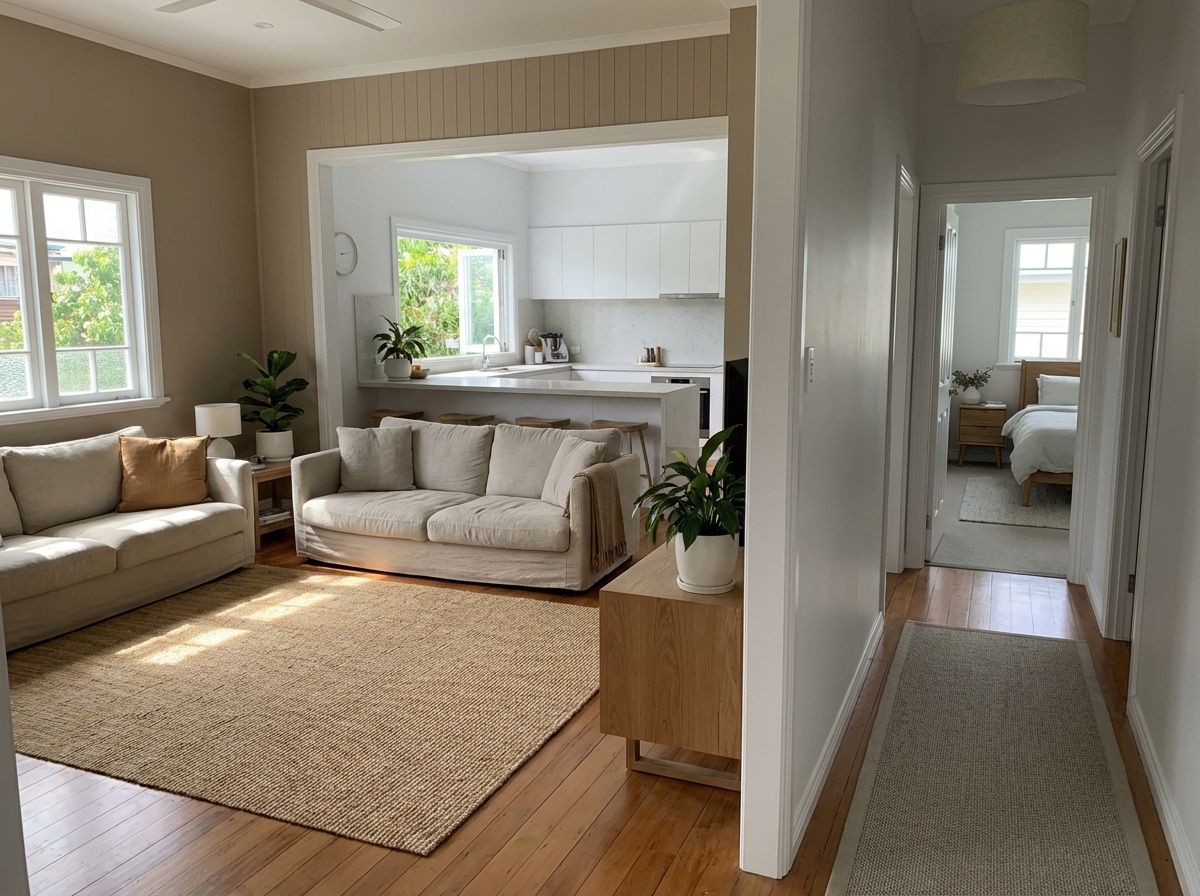 A bright, open-plan living room with a beige sofa, jute rug, and wooden floors, leading to a kitchen and a hallway.