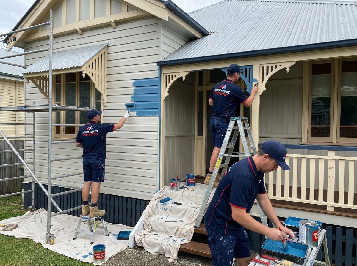 Three painters painting a house blue. The house is white and beige.