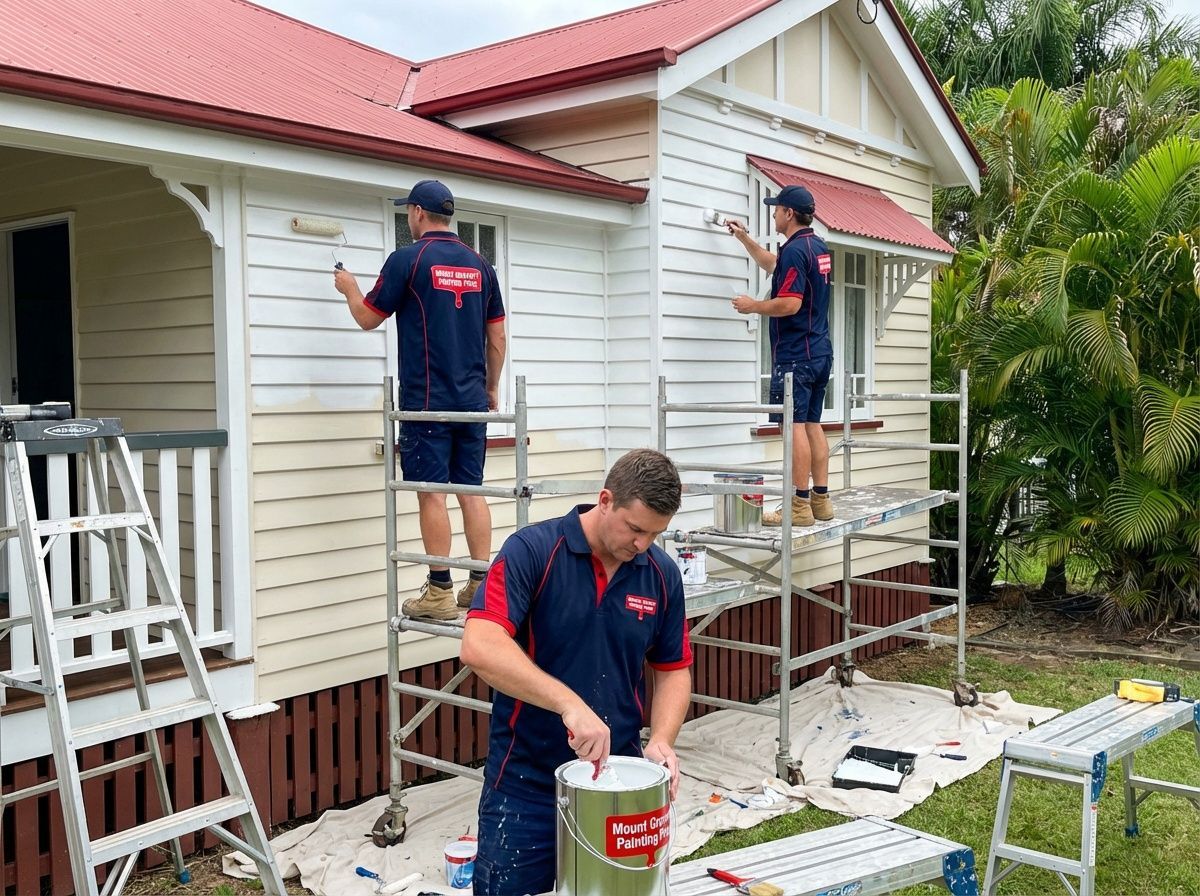 Three painters painting a white house with red trim, using ladders and scaffolding.