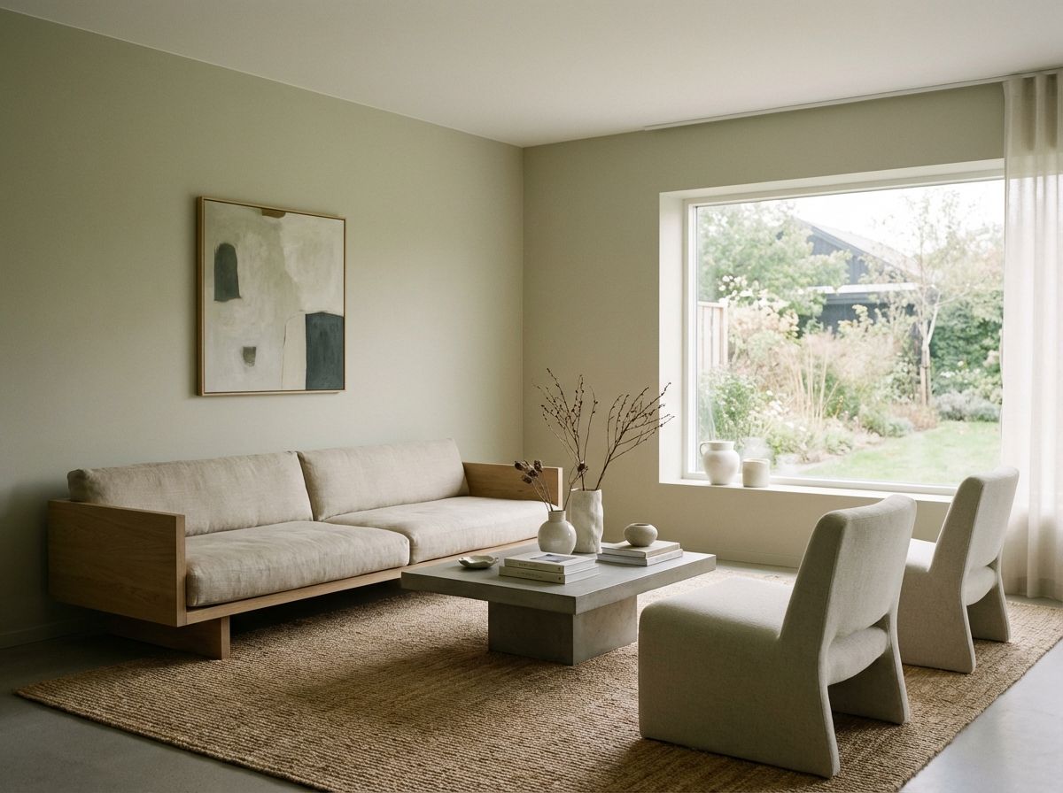 A minimalist living room with a beige sofa, two armchairs, a stone coffee table, and a large window looking out to greenery.