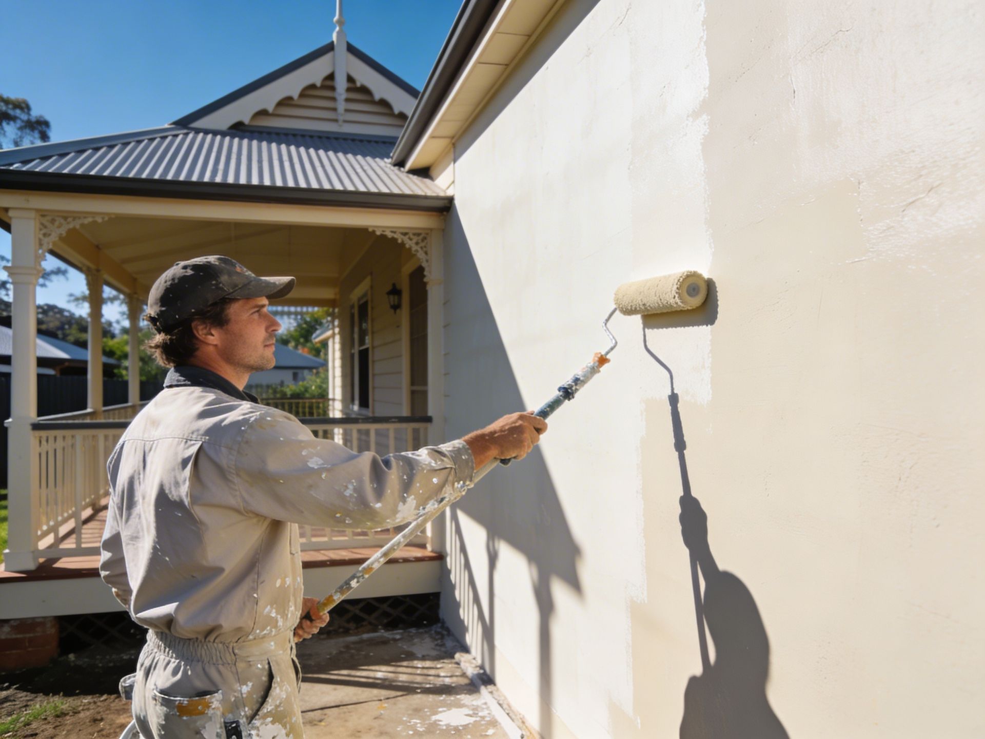 Mount Gravatt Painting Professional painting the exterior wall of a house with a paint roller.