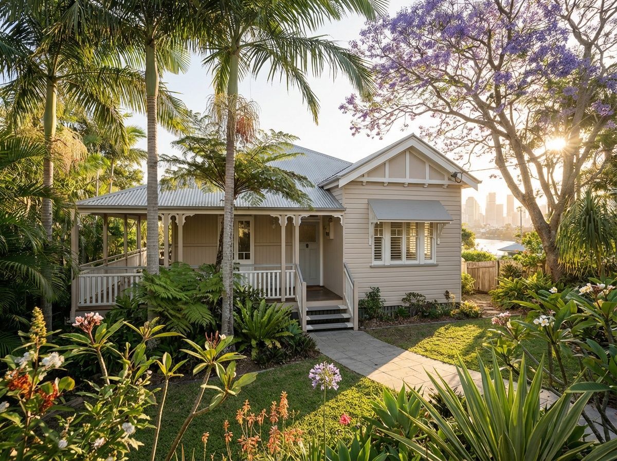 A light-colored Queenslander-style cottage nestled in a lush, tropical garden with purple-flowering trees at sunset.