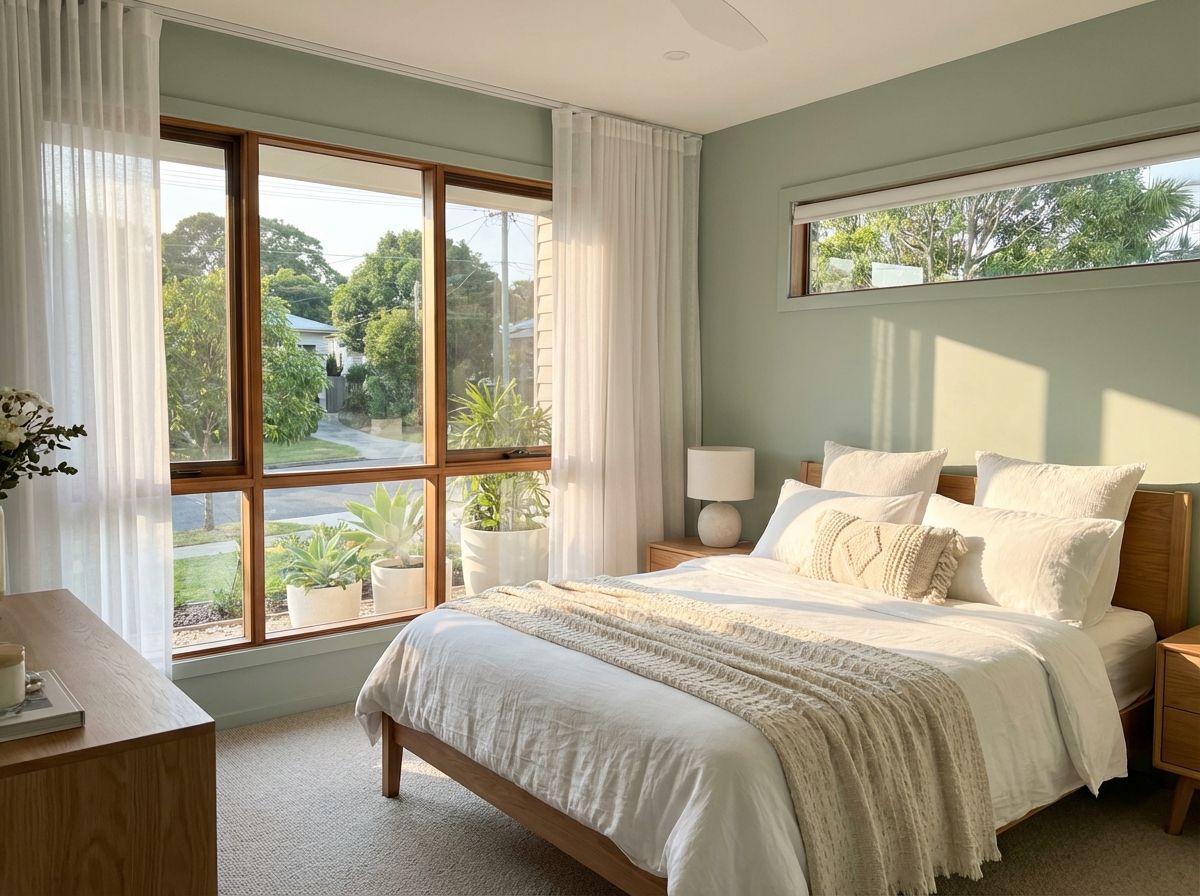 A bedroom with sage green walls, a white bed with a knitted throw, and large windows with sheer white curtains.