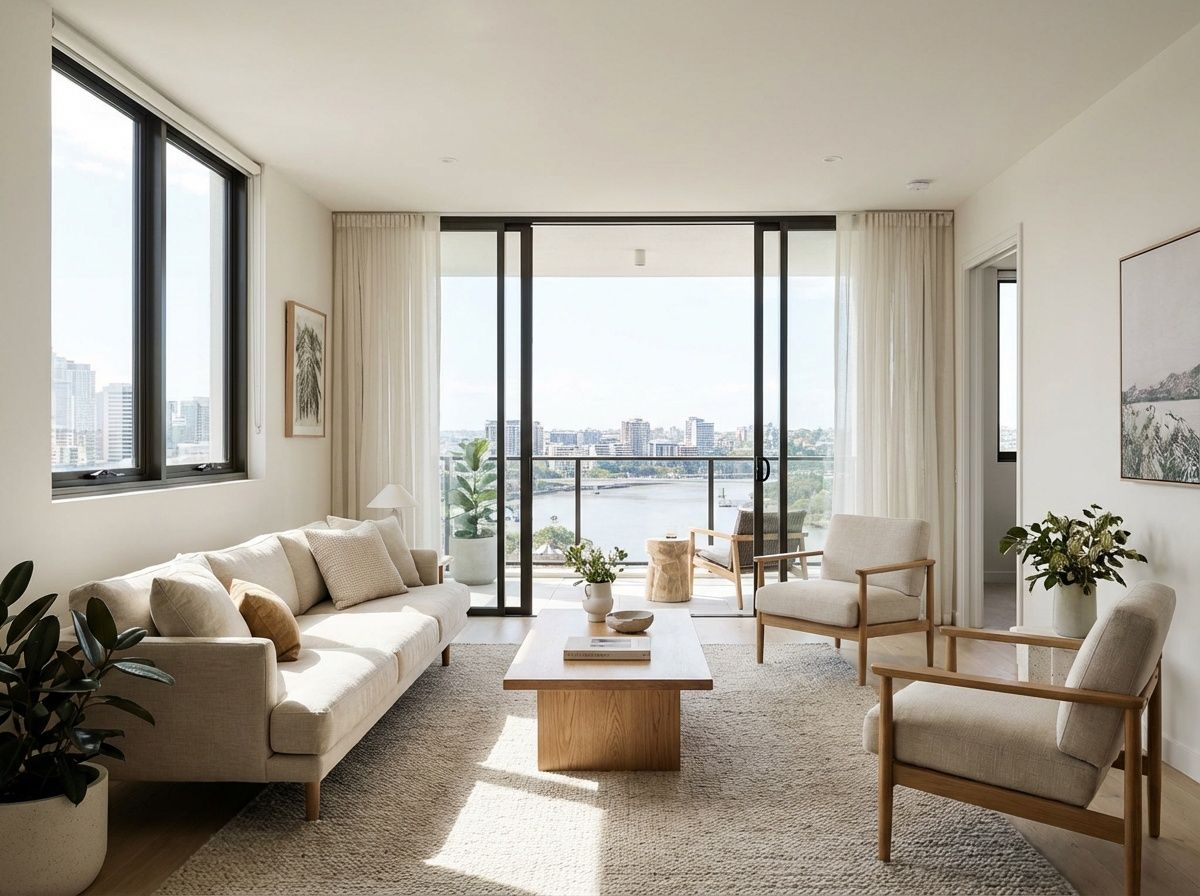 A light-toned living room with a sofa, two chairs, a coffee table, and a balcony overlooking the Brisbane River.
