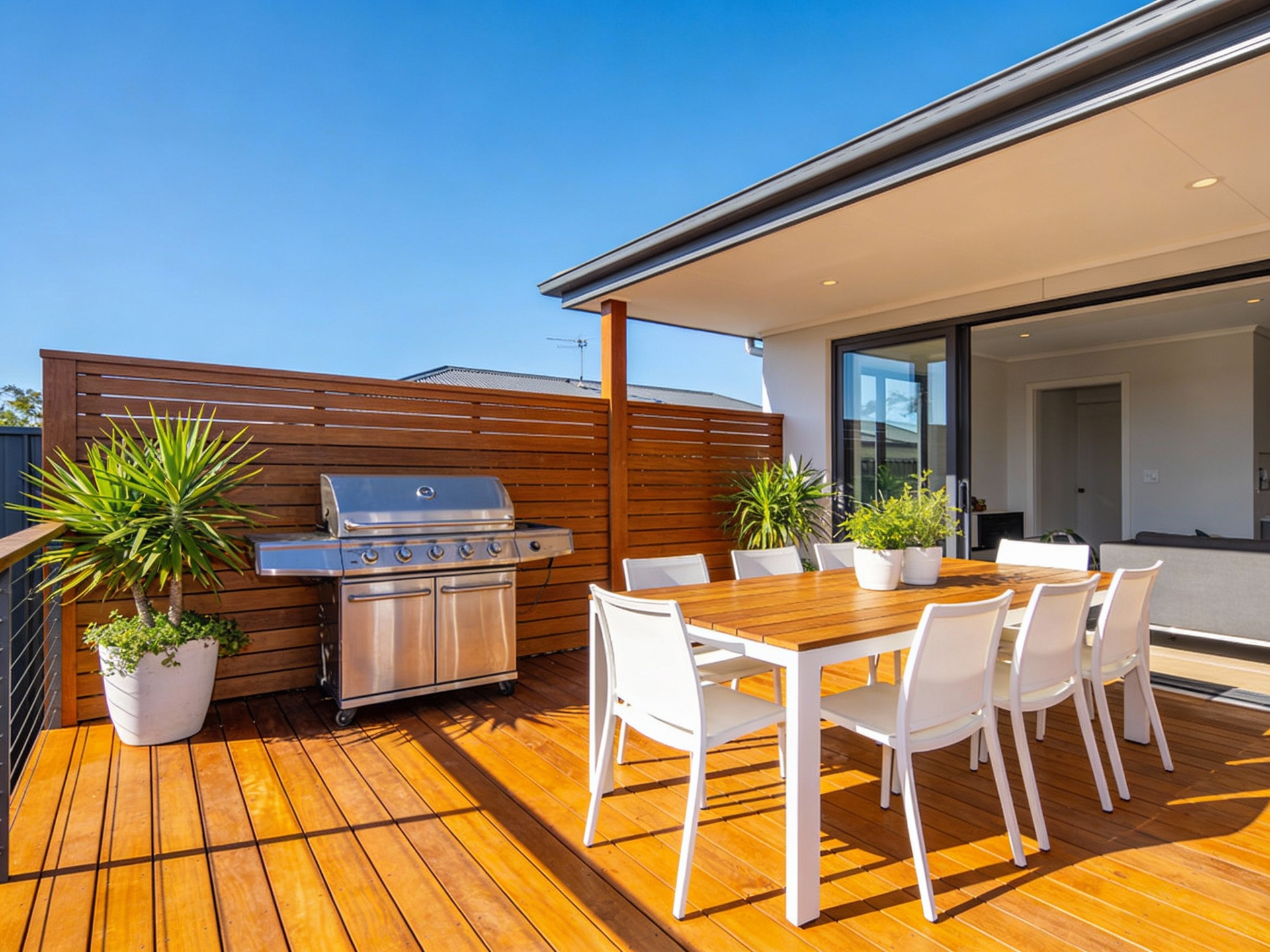 Freshly sealed outdoor deck with grill, dining table, potted plants, and wooden privacy screen under a blue sky.