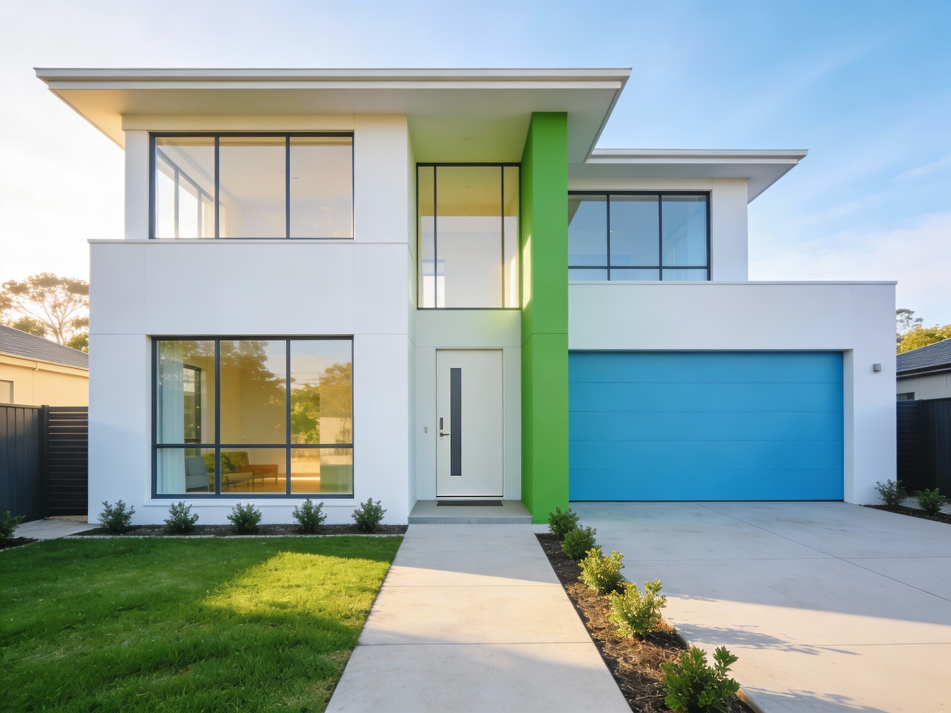 Modern two-story house with white walls, lime green column, blue garage door, and large windows on a sunny day.