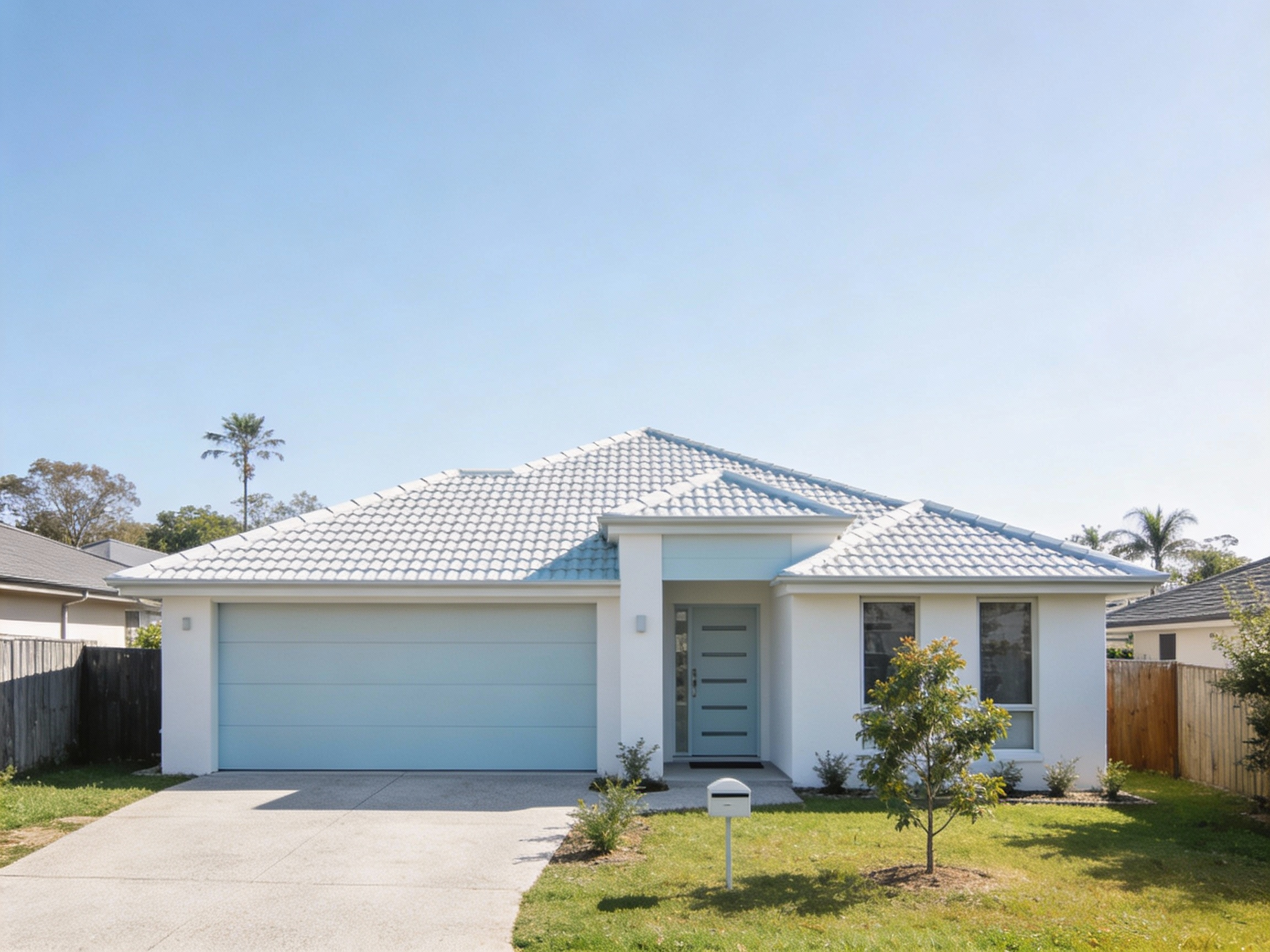 White house with blue accents and light blue garage door, driveway, and front door.