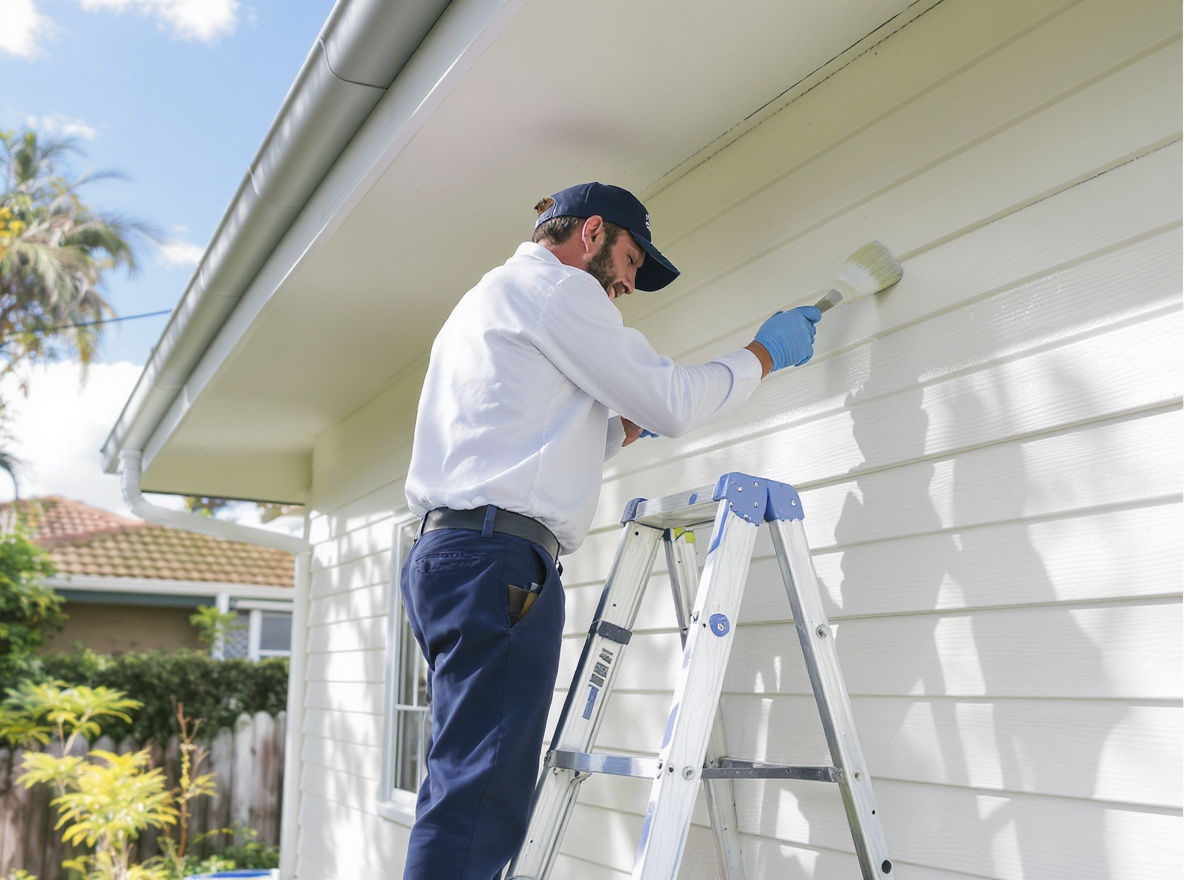 Person painting white siding on a house, standing on a ladder.