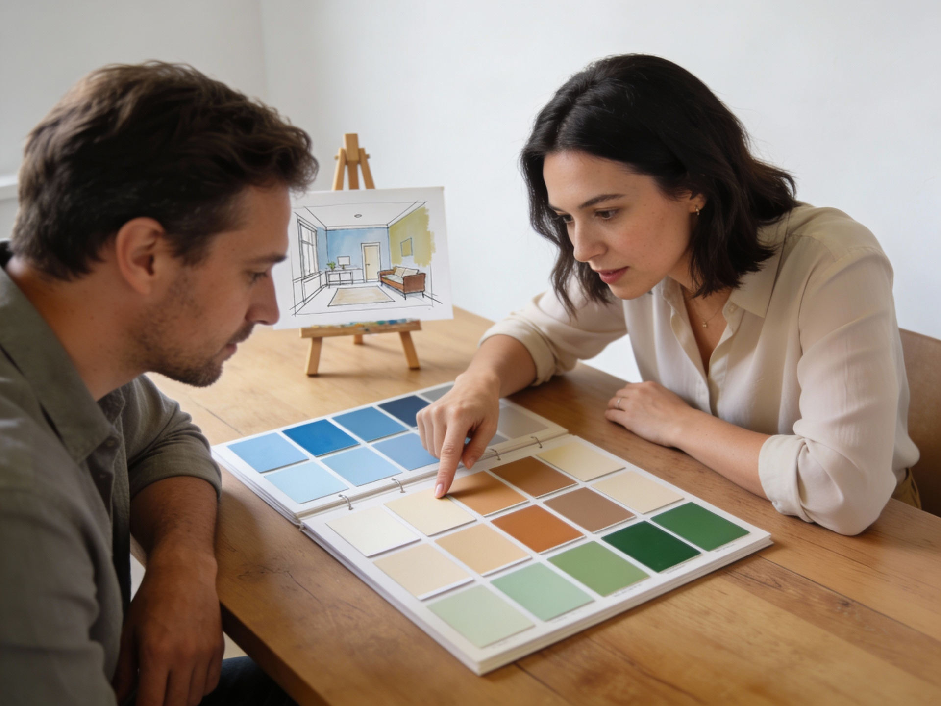 Couple choosing paint colors from a sample card at a wooden table, with a watercolor sketch in the background.
