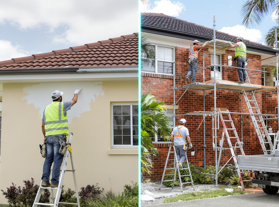 Two images side by side: Workers painting exterior walls of houses, using ladders and scaffolding.