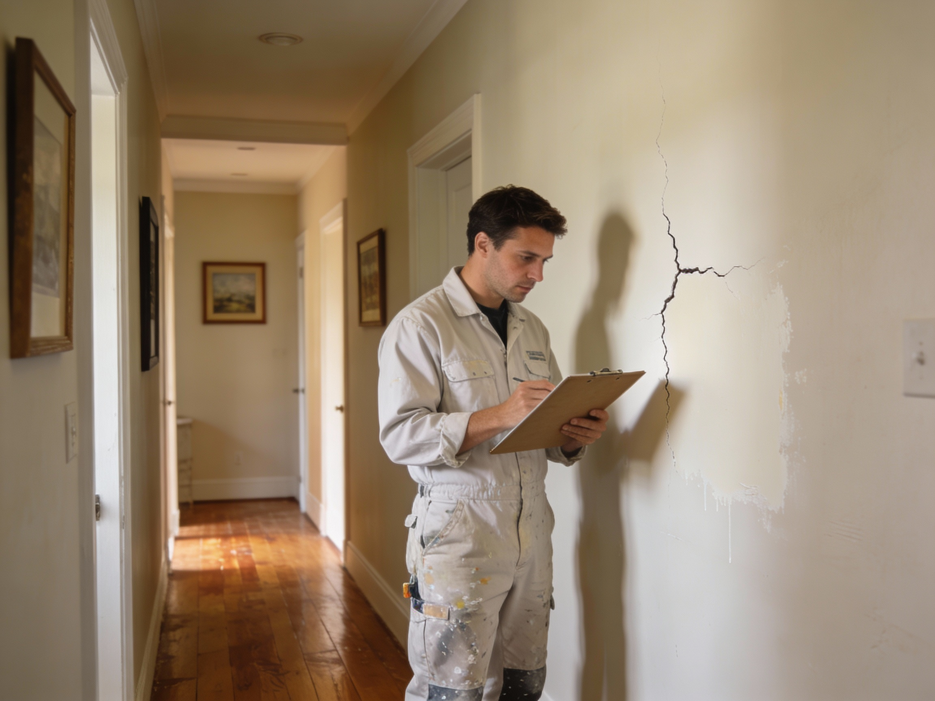 Man in work suit inspects a cracked wall in a hallway, taking notes on a clipboard.