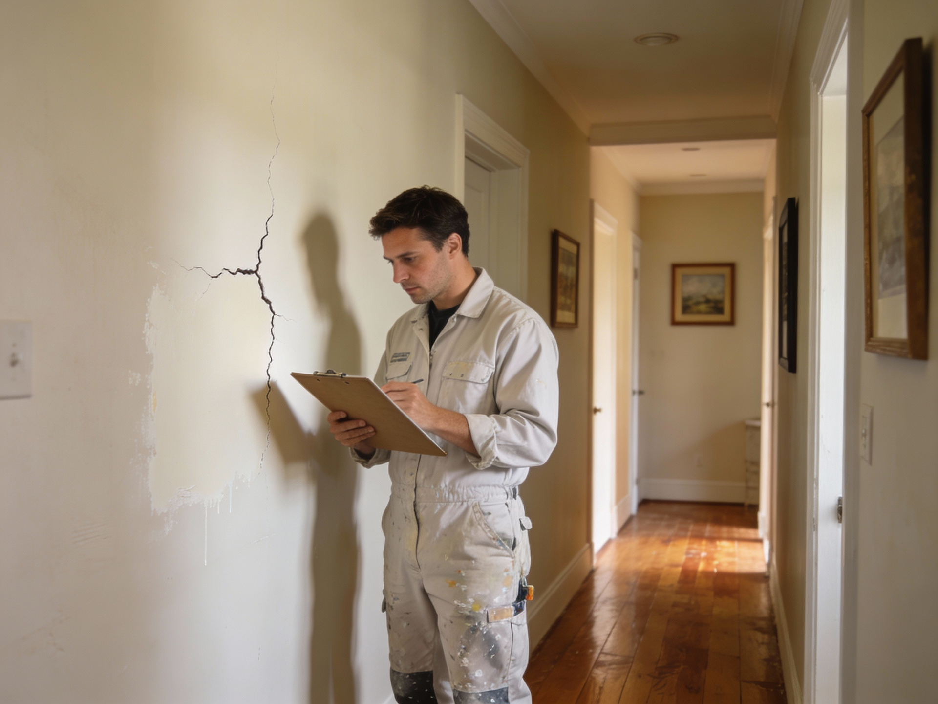 Professional Painter in jumpsuit inspects wall crack in hallway, writing on clipboard.