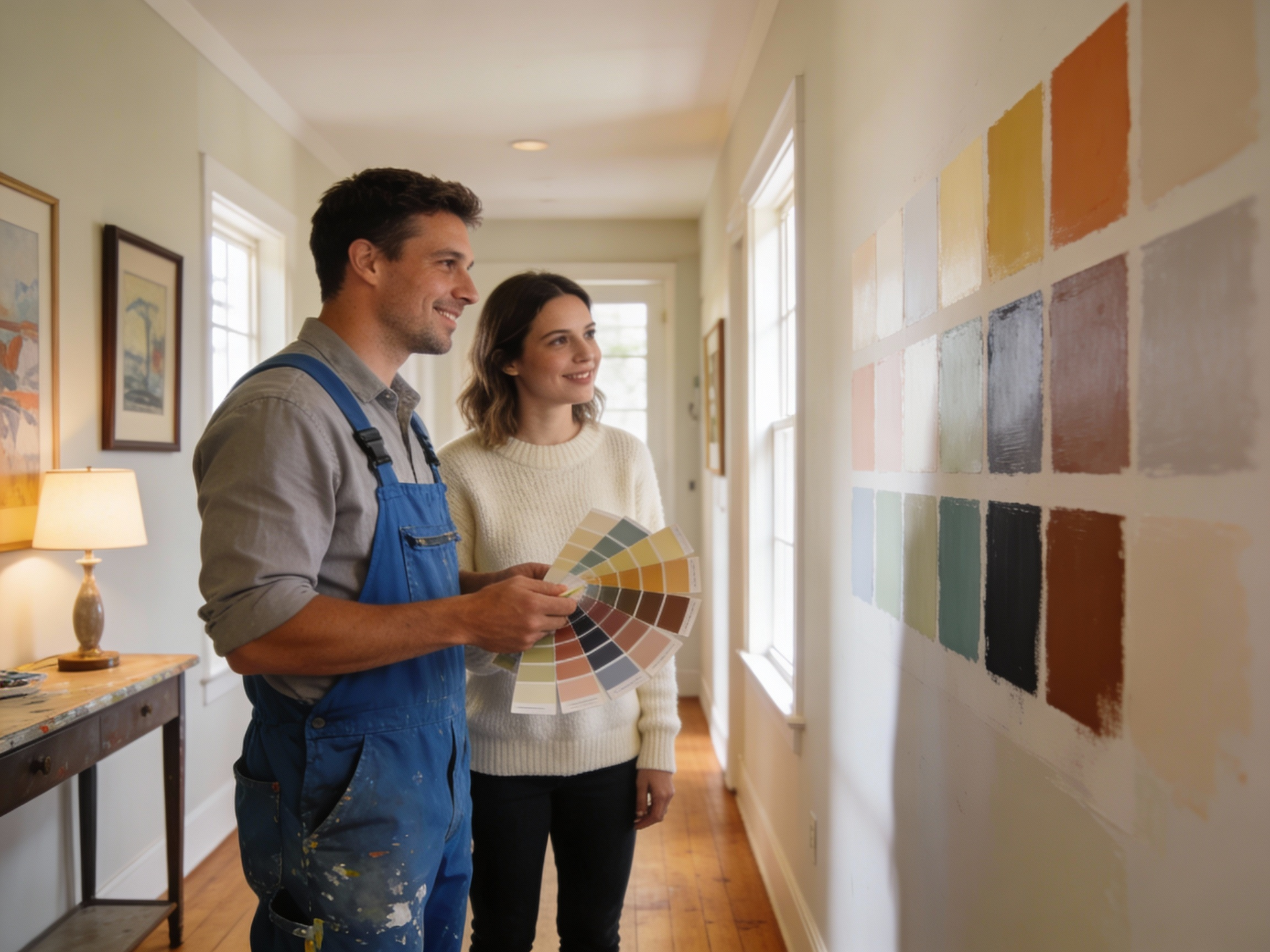 Professional painter and woman in hallway choosing paint colours from a colour swatch. Wall displays painted samples.