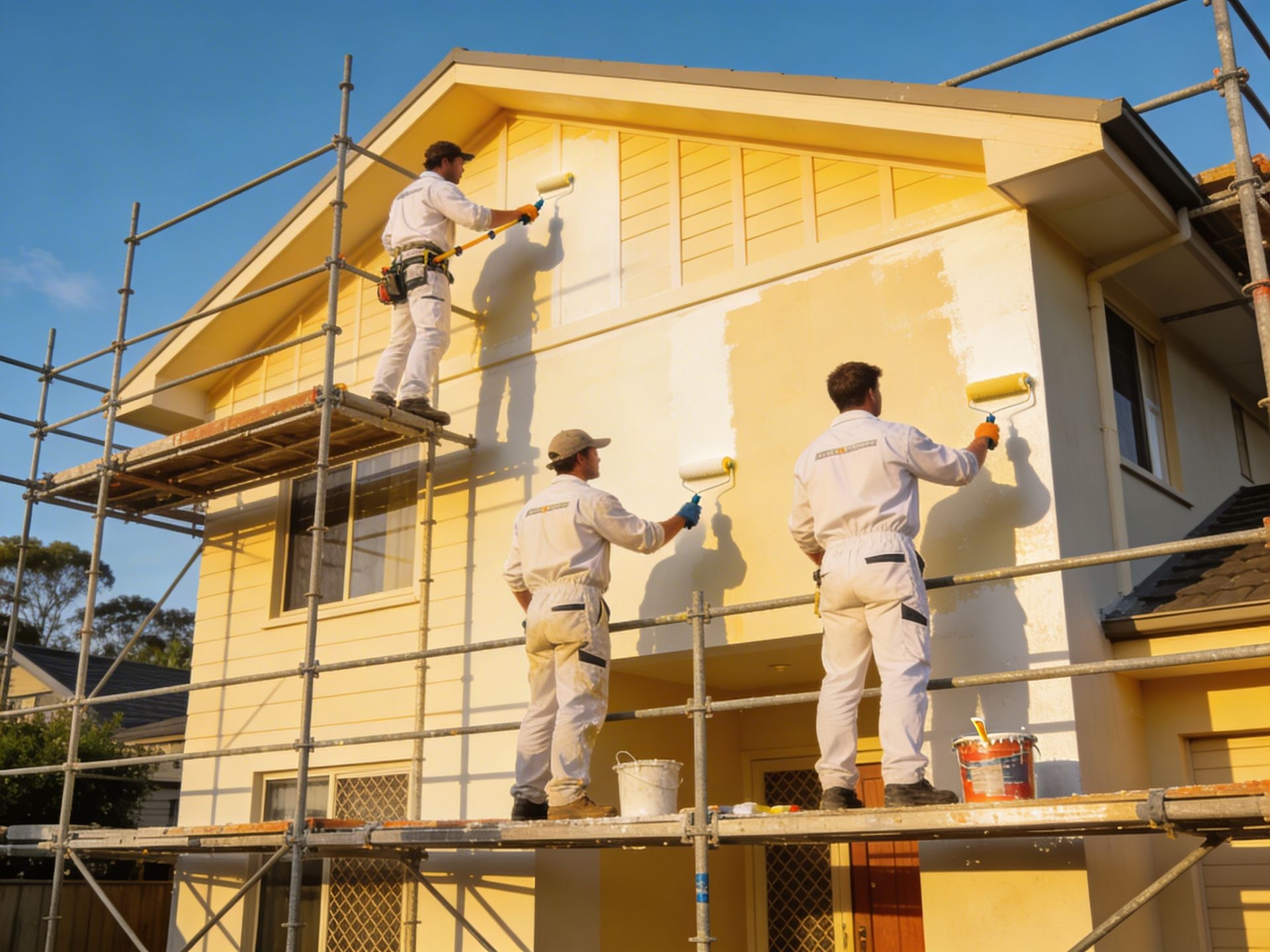 Three painters on scaffolding applying paint to the exterior of a two-story house.