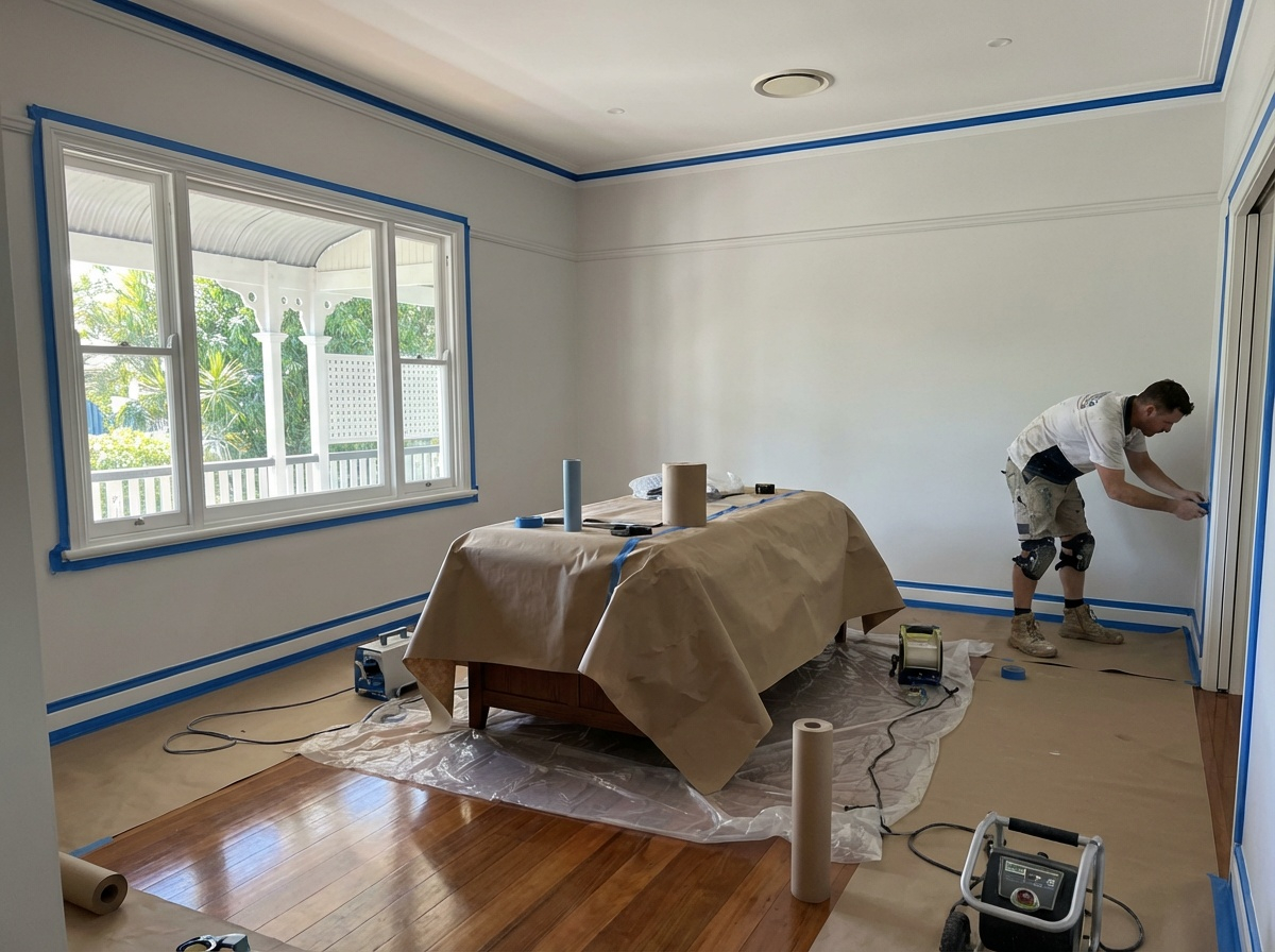 Interior room being prepped for painting; painter applies tape to door trim. Walls are white with blue tape.
