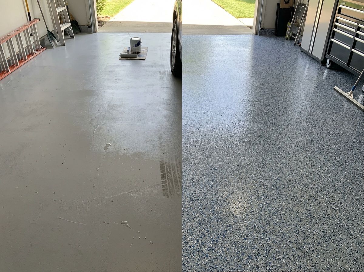 Comparison of a garage concrete floor, from painted grey on the left to a speckled epoxy finish on the right.