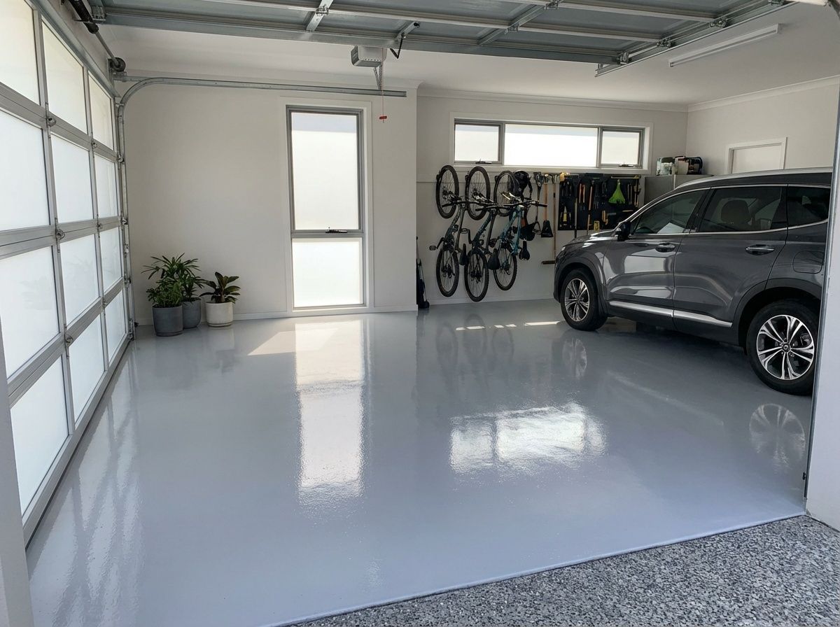 A clean, spacious garage with a glossy grey floor, a parked grey SUV, and bicycles mounted on the back wall.