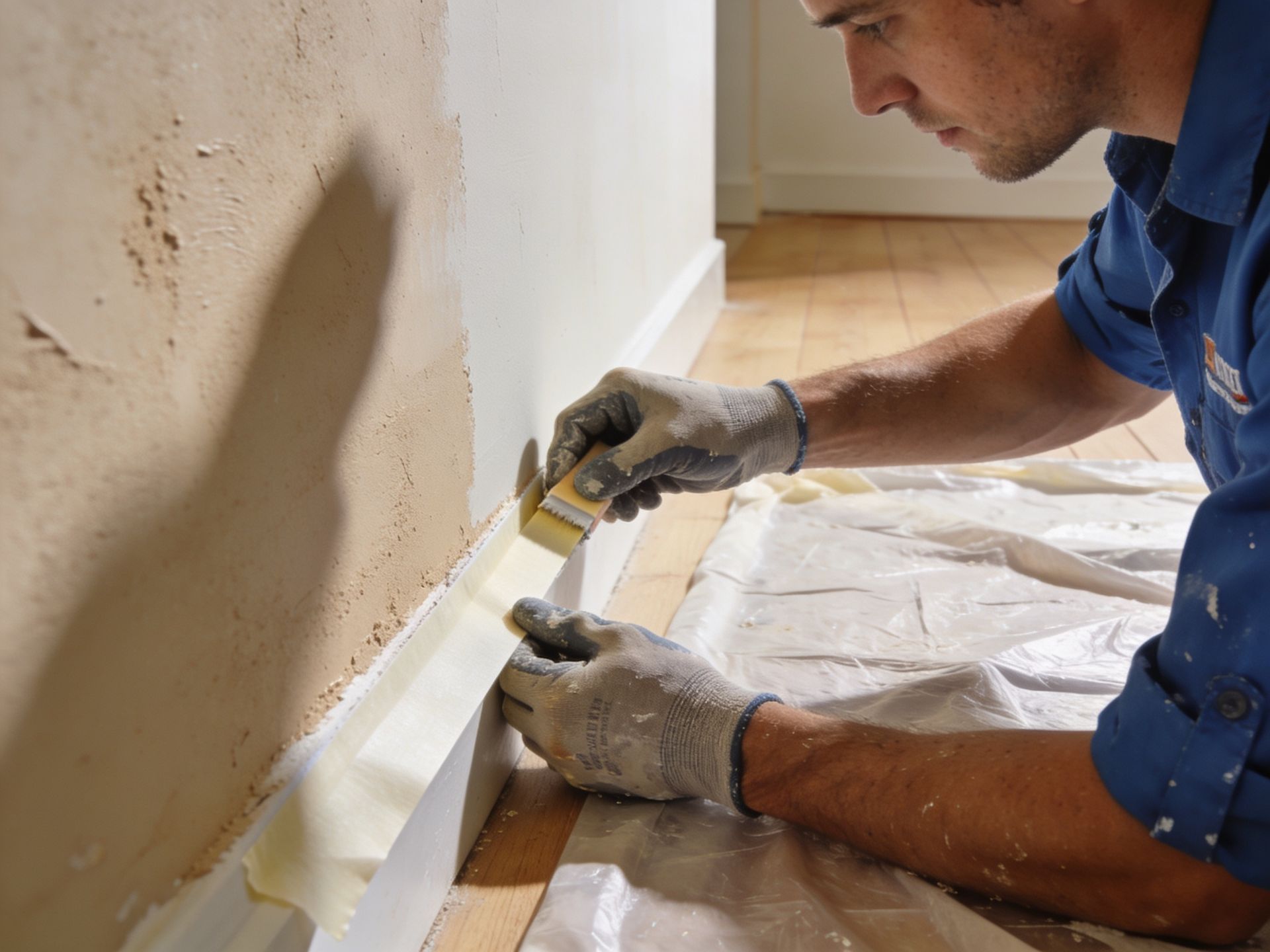 Mount Gravatt Painter taping baseboard with painter's tape; using a brush.