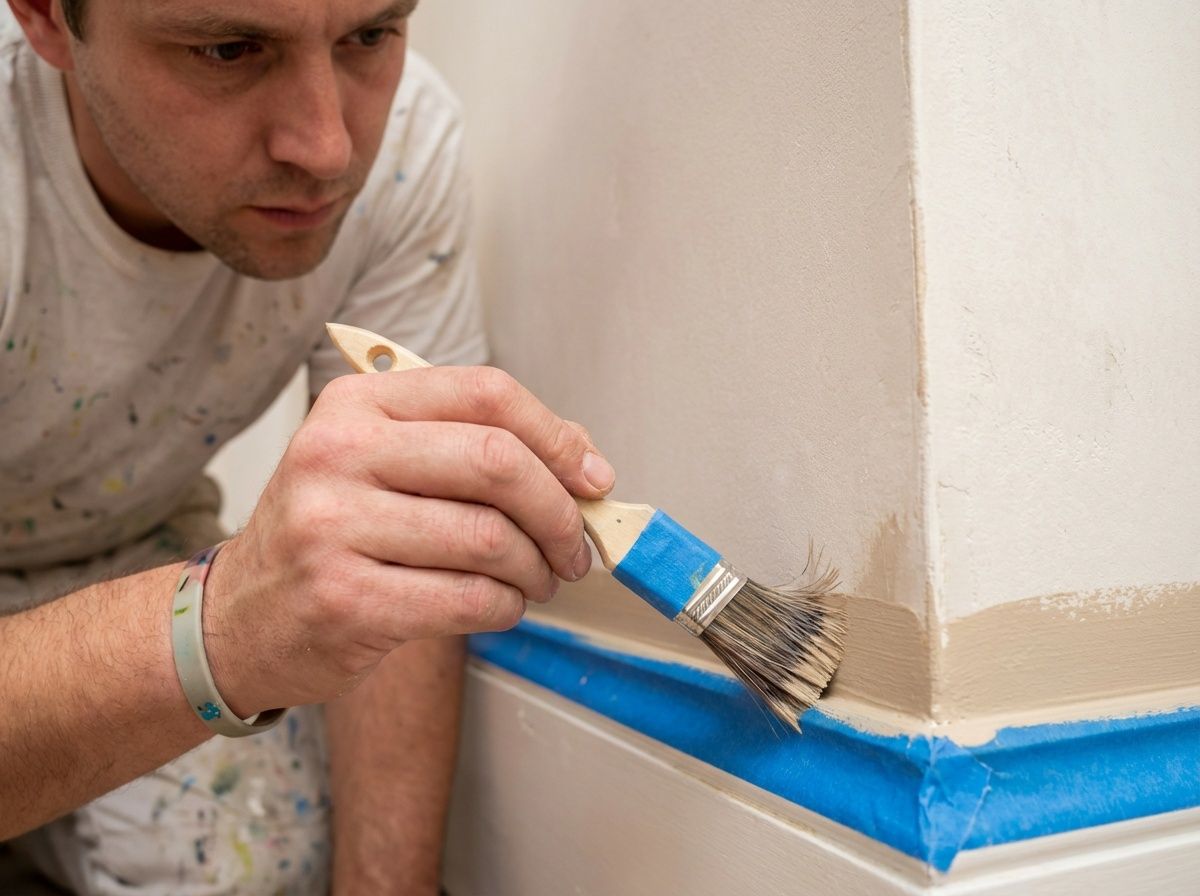 Painter applying blue tape and paint to a wall corner indoors.
