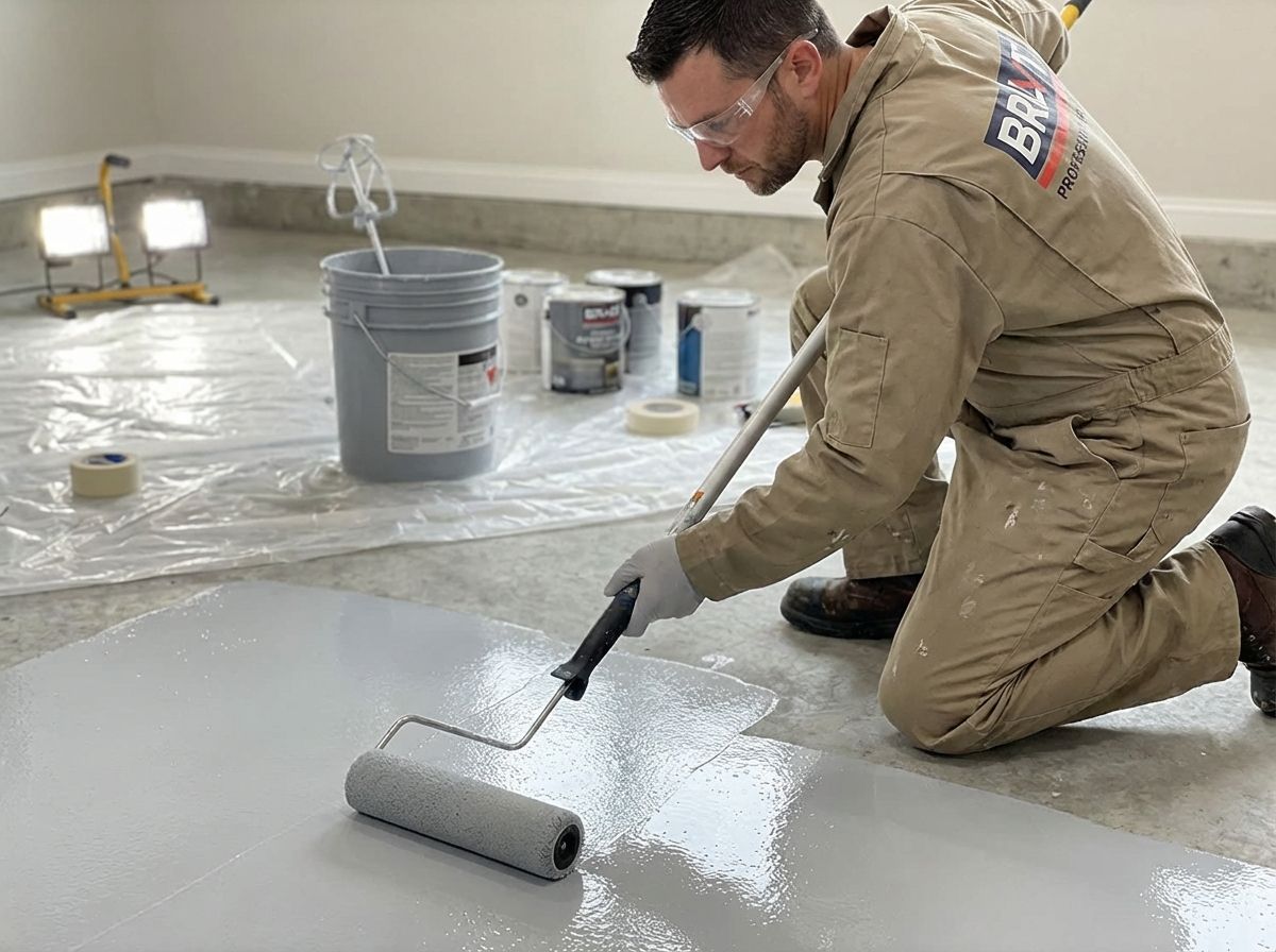 A person in work coveralls and safety glasses uses a roller to apply grey paint coating to a garage 