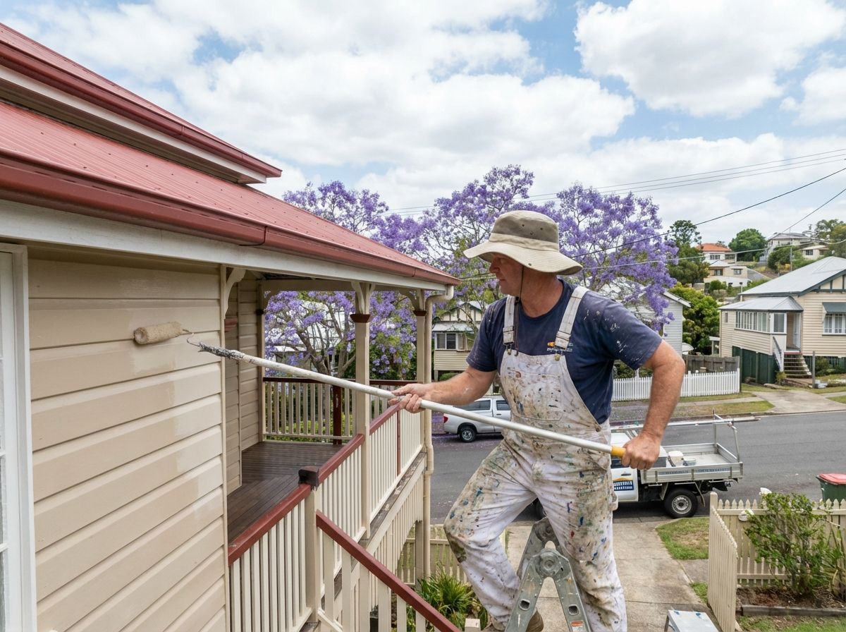 A painter in paint-splattered overalls stands on a ladder, using a long pole to paint the beige exterior wall of a house.