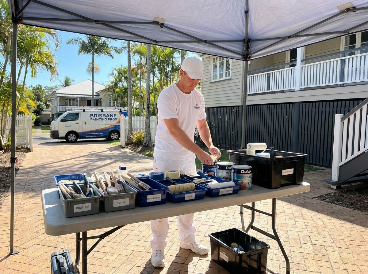 Painter arranging Painting equipment on a table under a canopy outdoors.