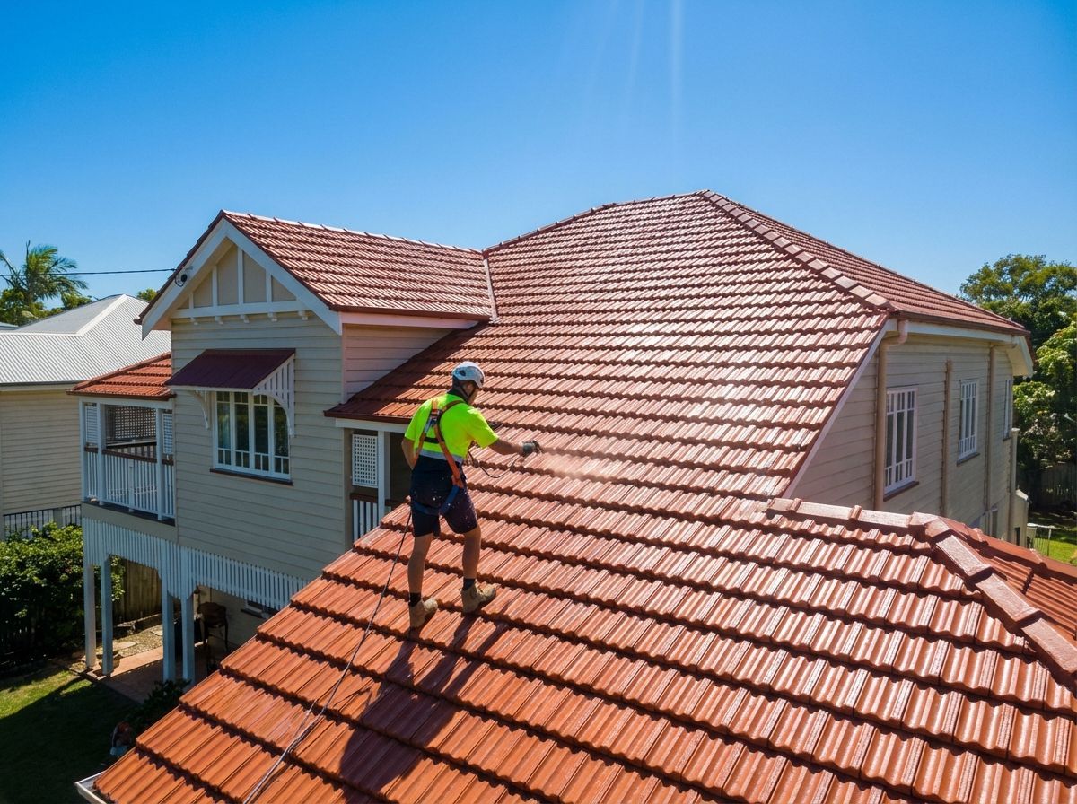A worker in high-visibility gear applies protective coating to a terracotta-tiled roof on a sunny day.