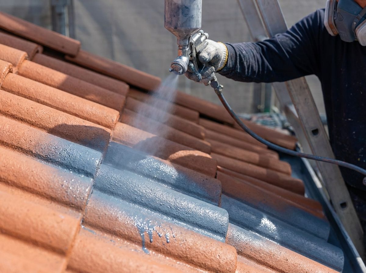A worker uses a paint sprayer to apply a grey protective coating to a terracotta-colored tiled roof.