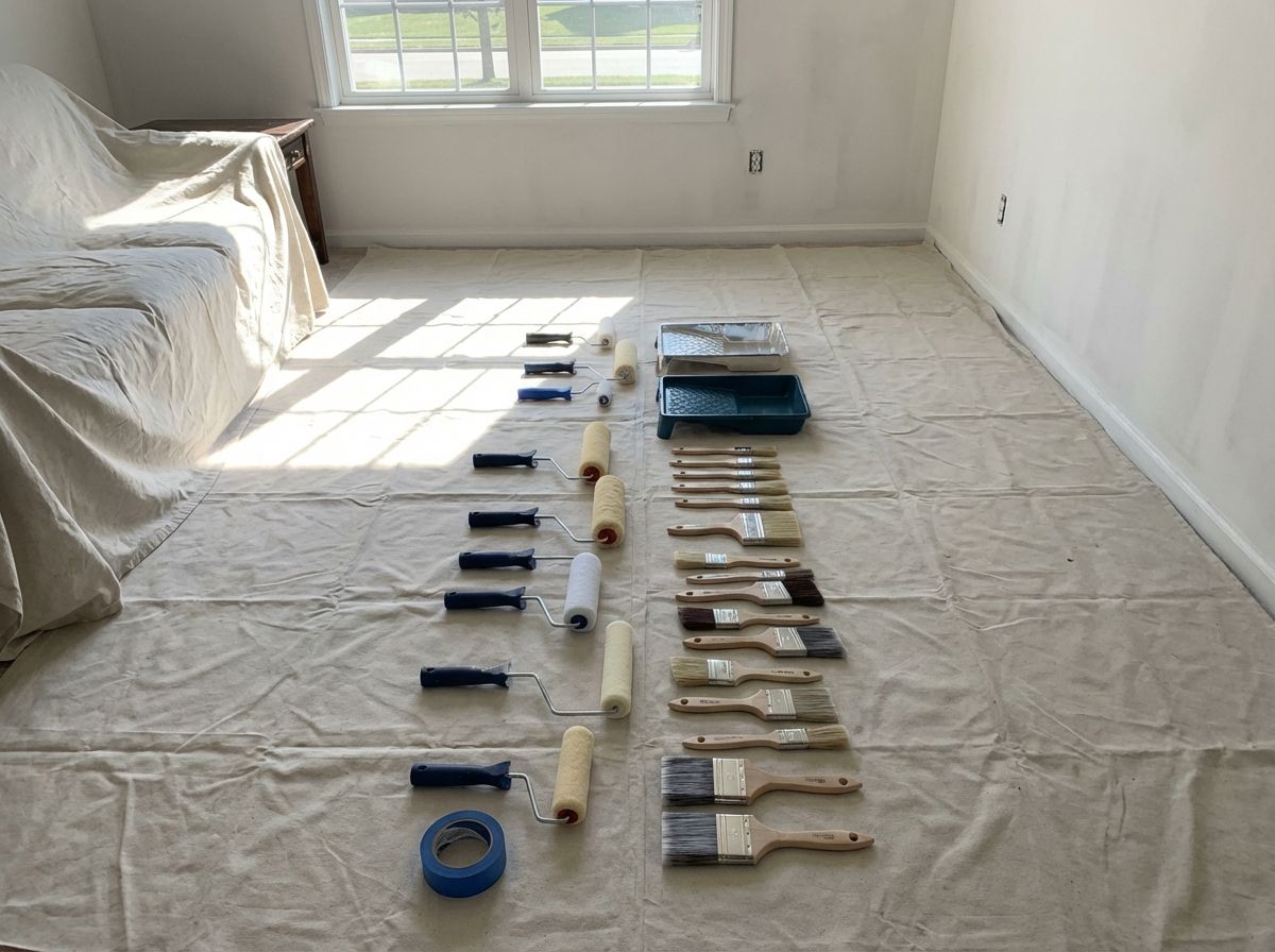 Painting tools laid out in rows on a drop cloth in a bright, empty room near a window.