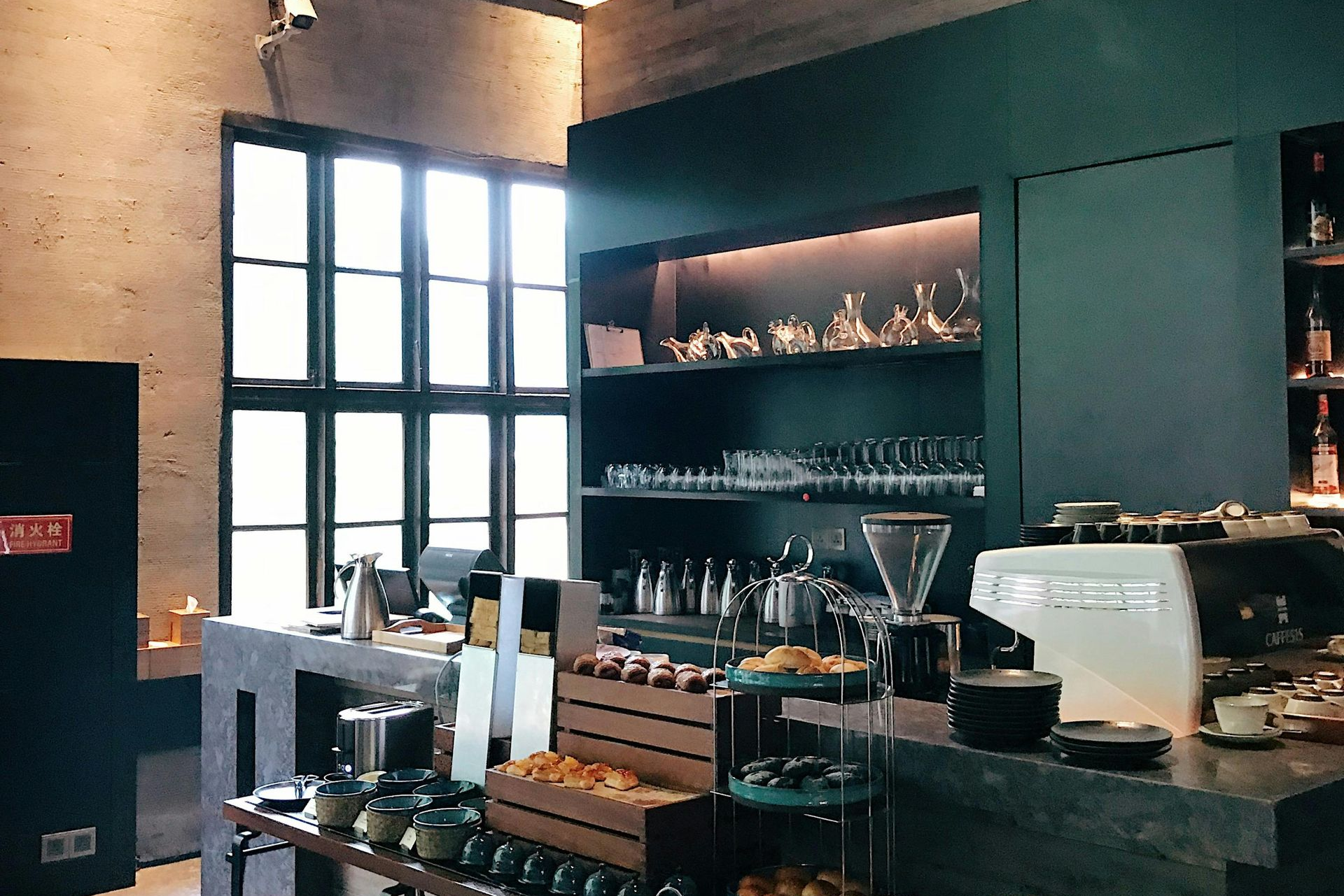 inside a café painted dark green