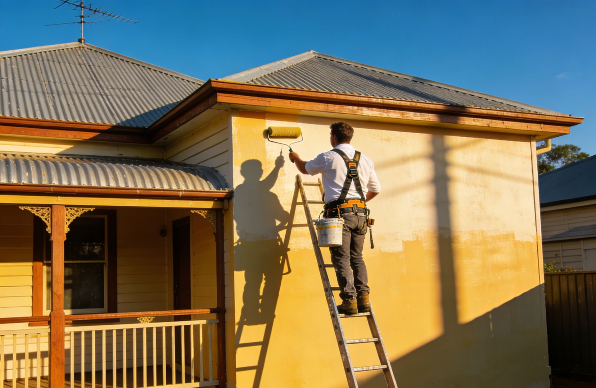 professional painter painting exterior wall of a yellow house with a ladder.