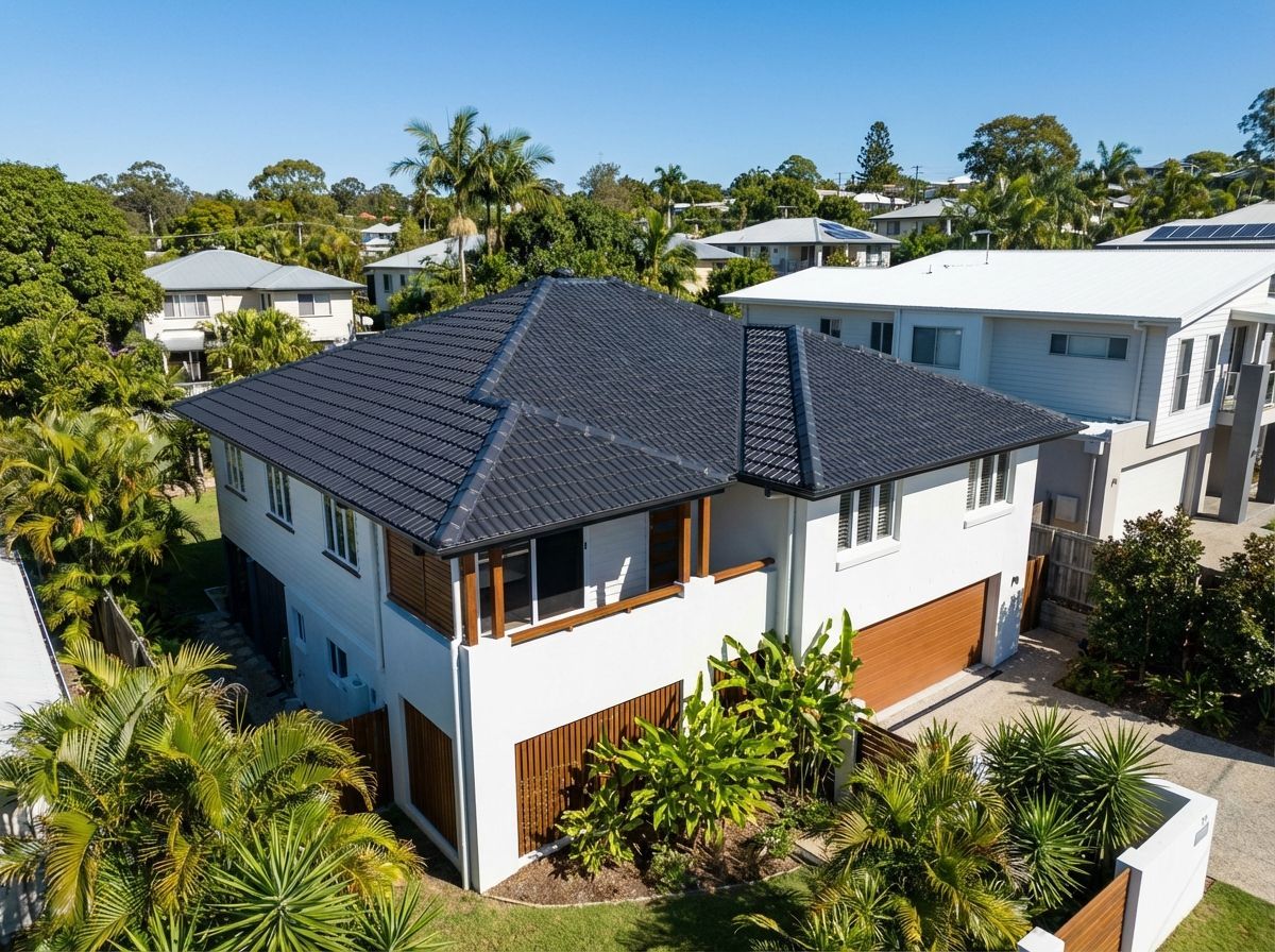 Aerial view of a two-story white house with a newly painted tiled hip roof in Brisbane.