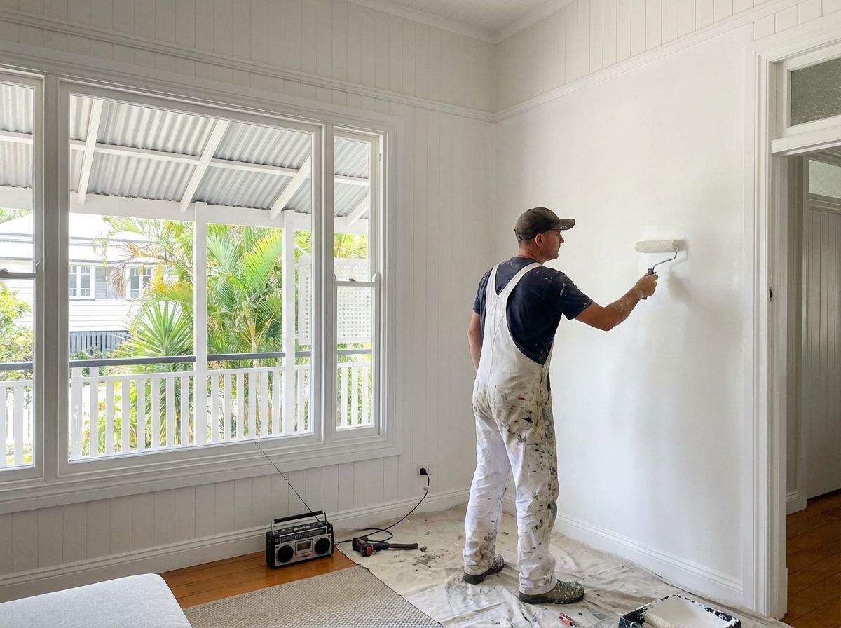 A person in white overalls paints a white wall with a roller in a brightly lit room with large windows.