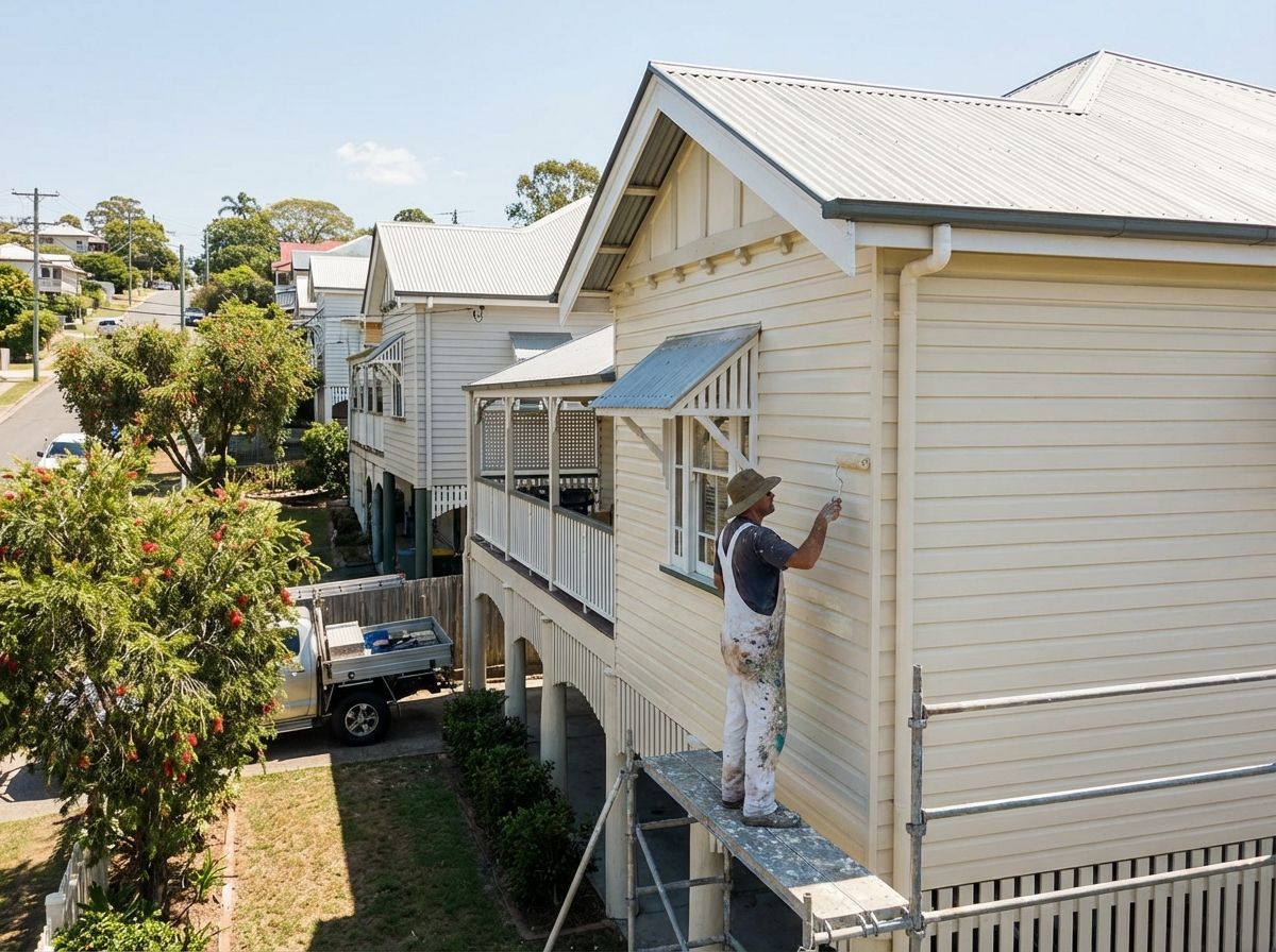 A worker in white overalls paints the side of a cream-colored house while standing on metal scaffolding in Carindale.