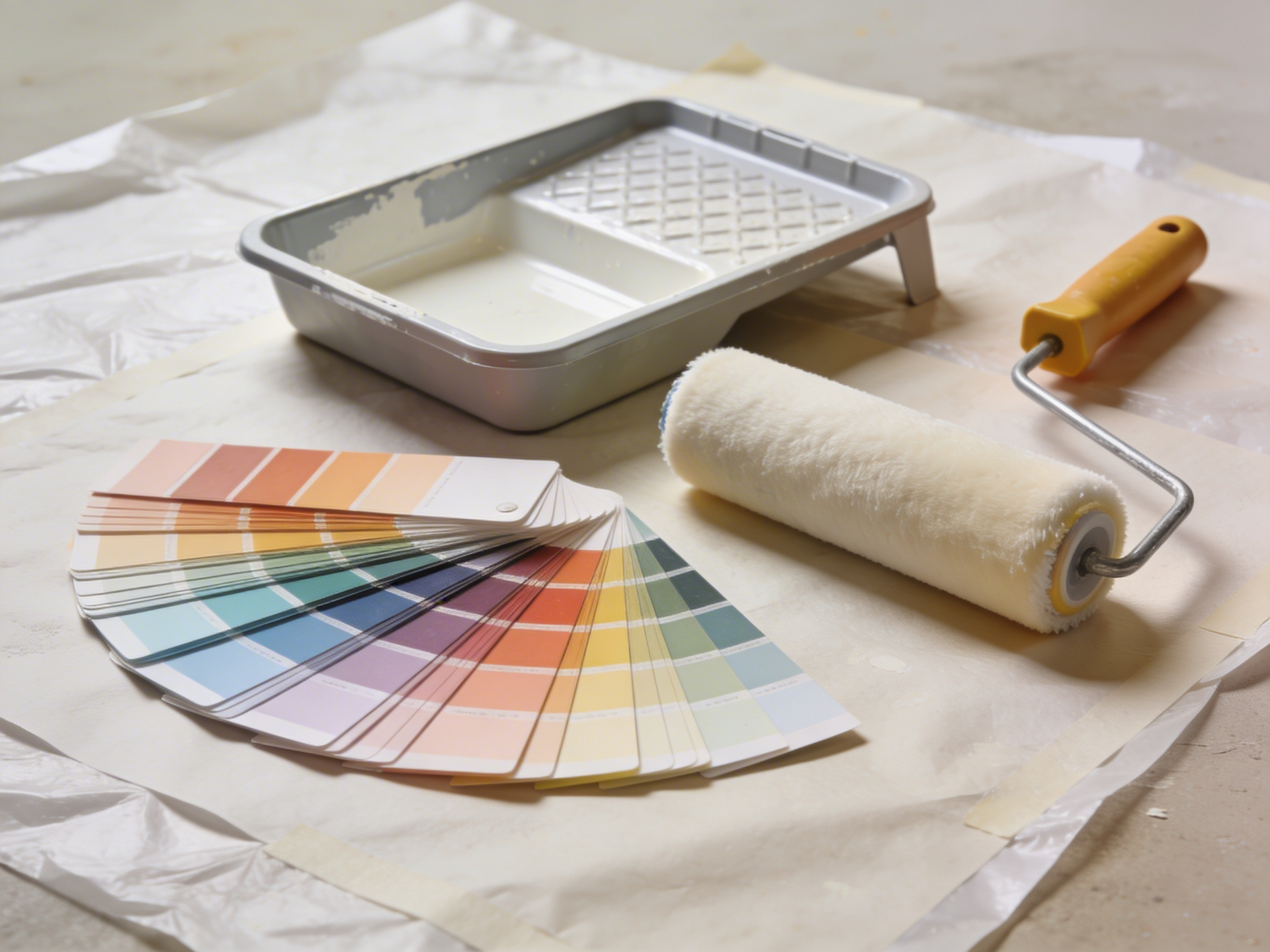 Paint supplies: roller, tray, and color swatches on a drop cloth.