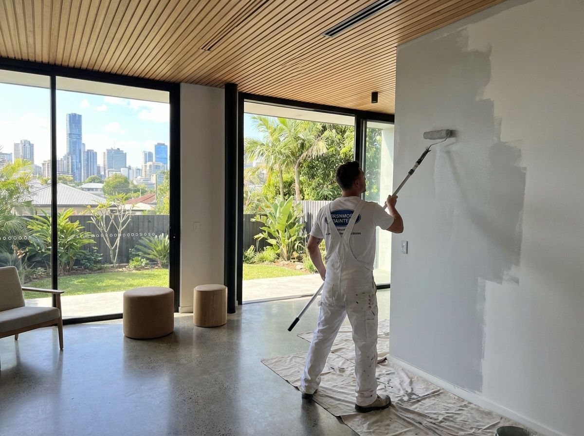 A person painting a white wall with a roller in a room with a cityscape view.
