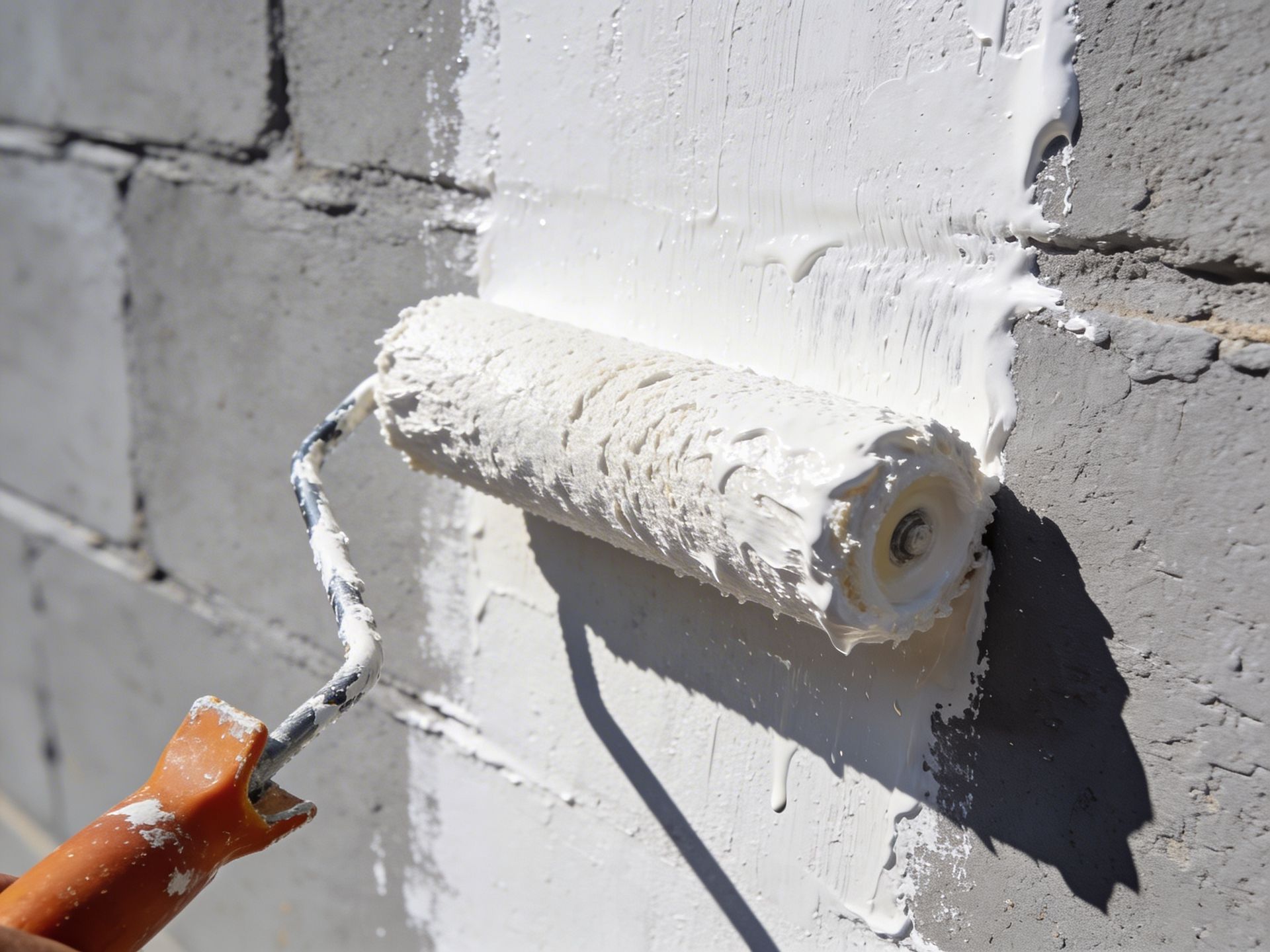 White paint being applied to a concrete block wall with a paint roller.
