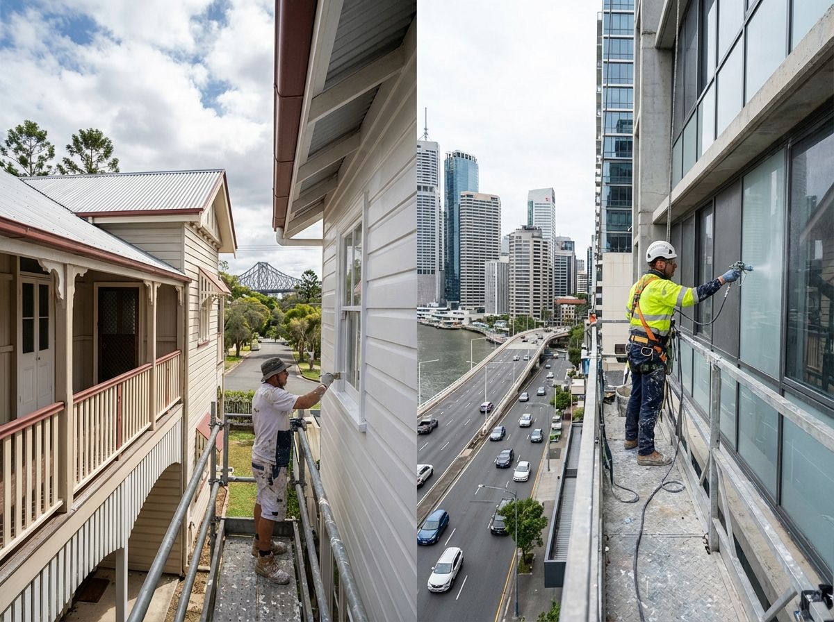 Two workers on high-rise scaffolds: one painting a historic house, the other cleaning windows on a modern city building.