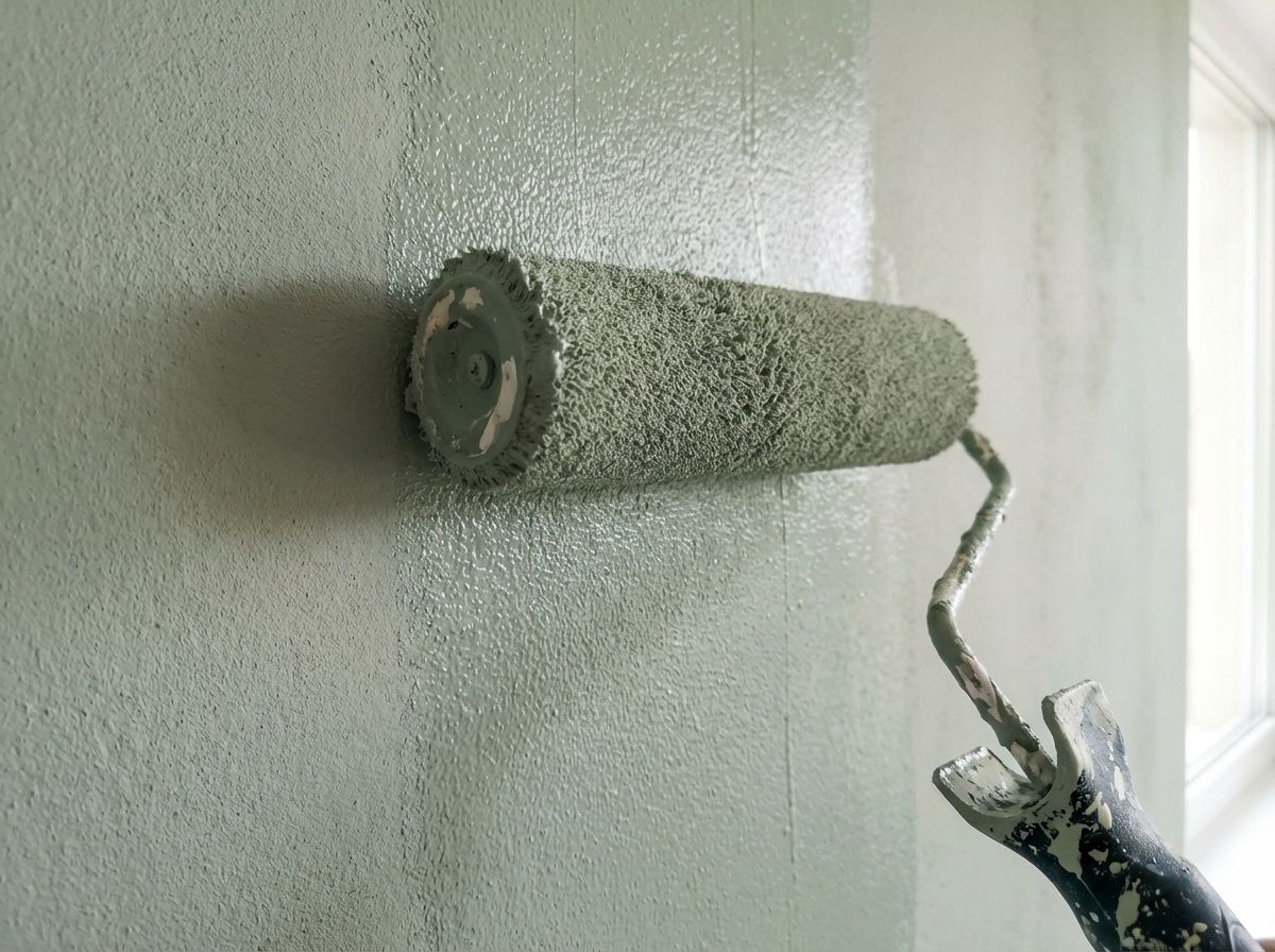 A paint roller applying light green paint to a wall.