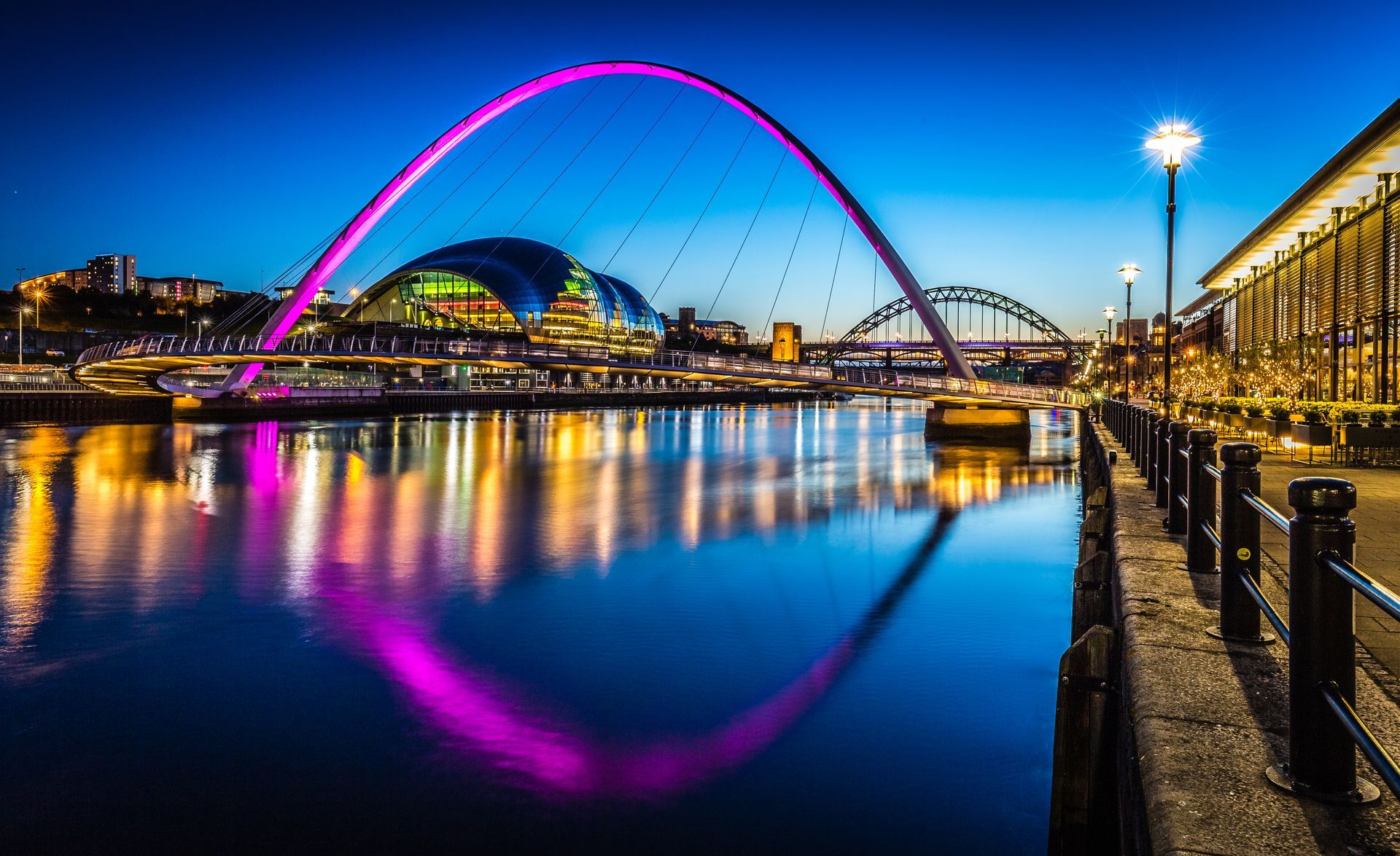 A bridge over a body of water is lit up at night.