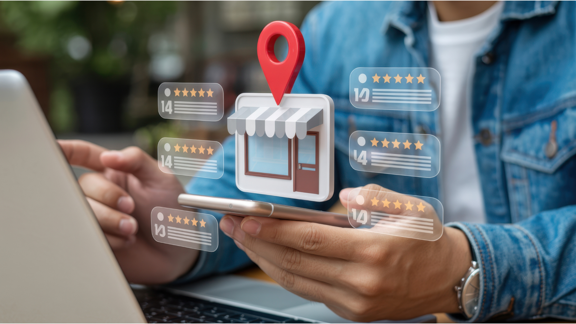 Man using phone, laptop, and 3D shop icon with location pin and user review ratings.