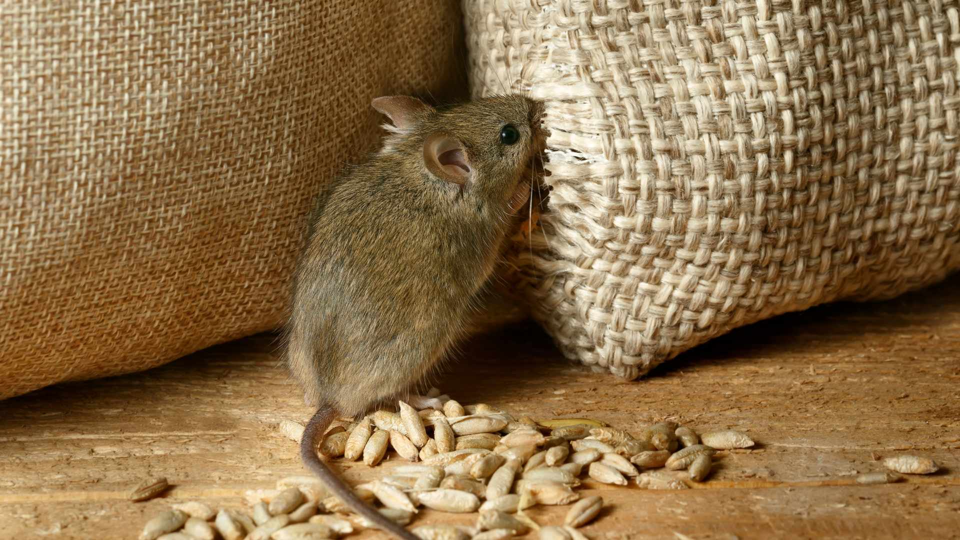 Mouse near open burlap sacks with scattered seeds on a wooden surface.